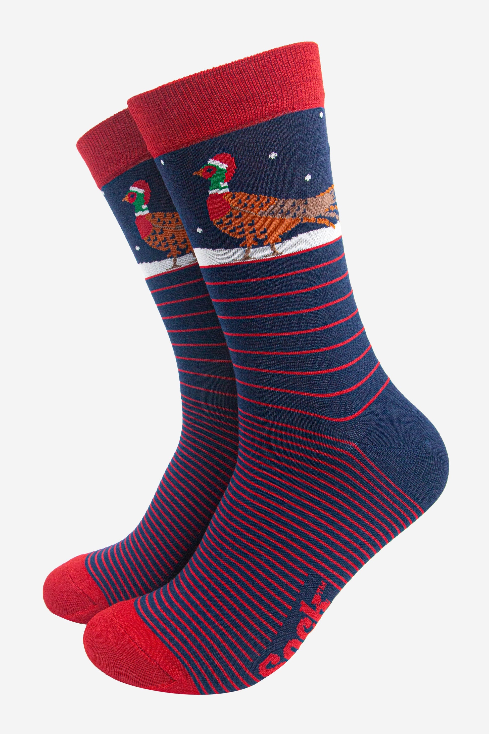 navy blue and red striped socks featuring a woodland pheasant wearing a santa hat