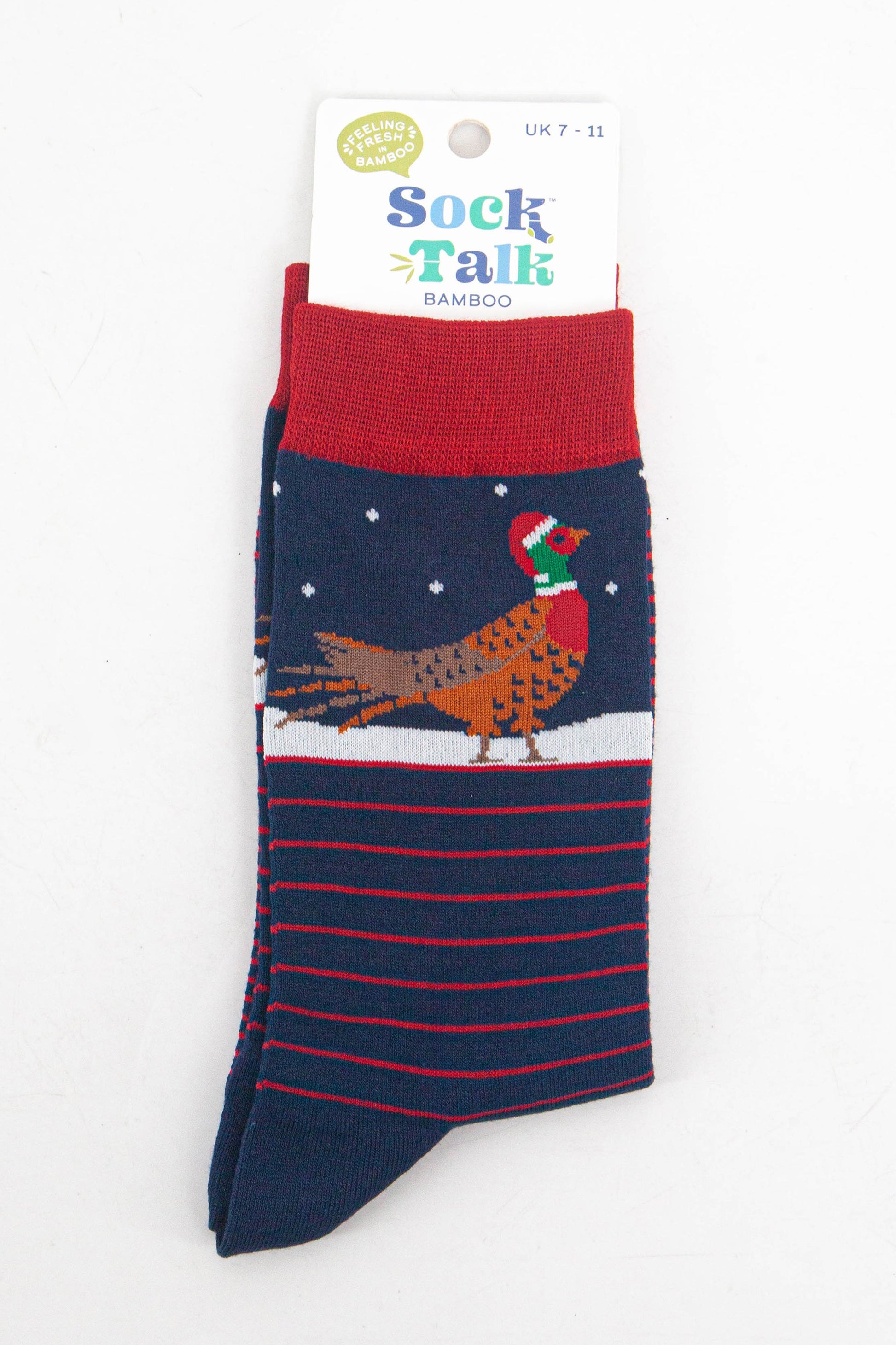 christmas pheasant bamboo socks in their sock talk packaging, these socks are a uk size 7-11