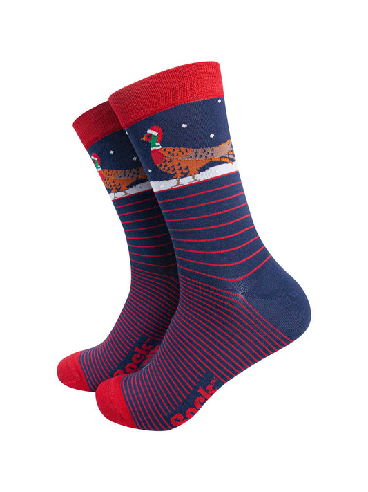 navy blue and red striped socks featuring a woodland pheasant wearing a santa hat