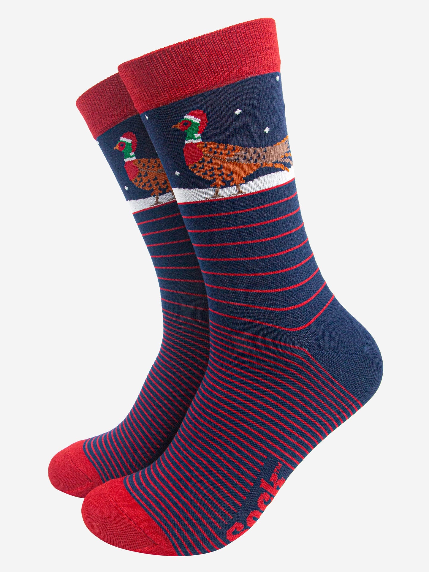 navy blue and red striped socks featuring a woodland pheasant wearing a santa hat