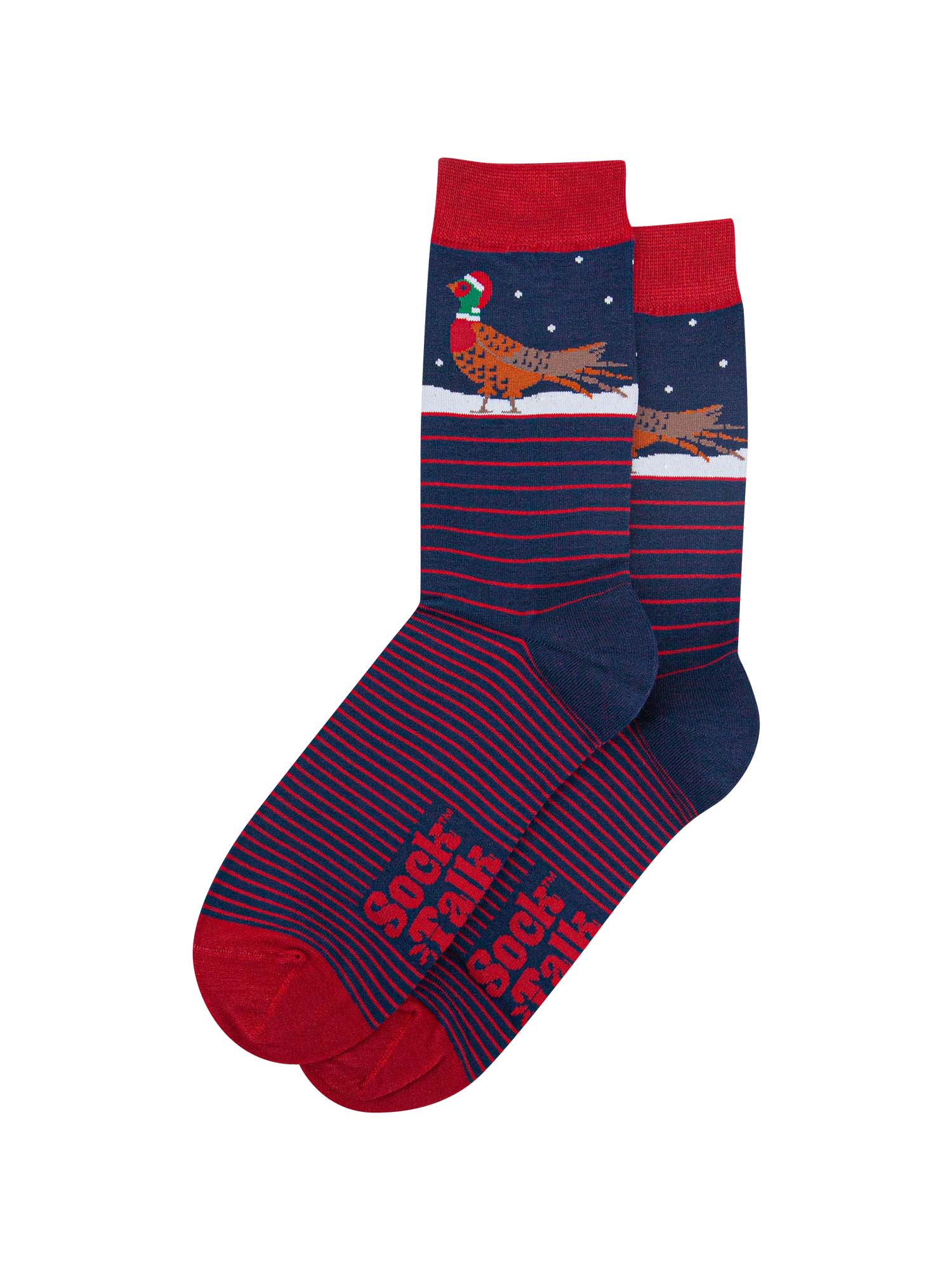 showing the socks laying flat, displaying the red stripe pattern and contrasting christmas pheasant pattern on the ankles