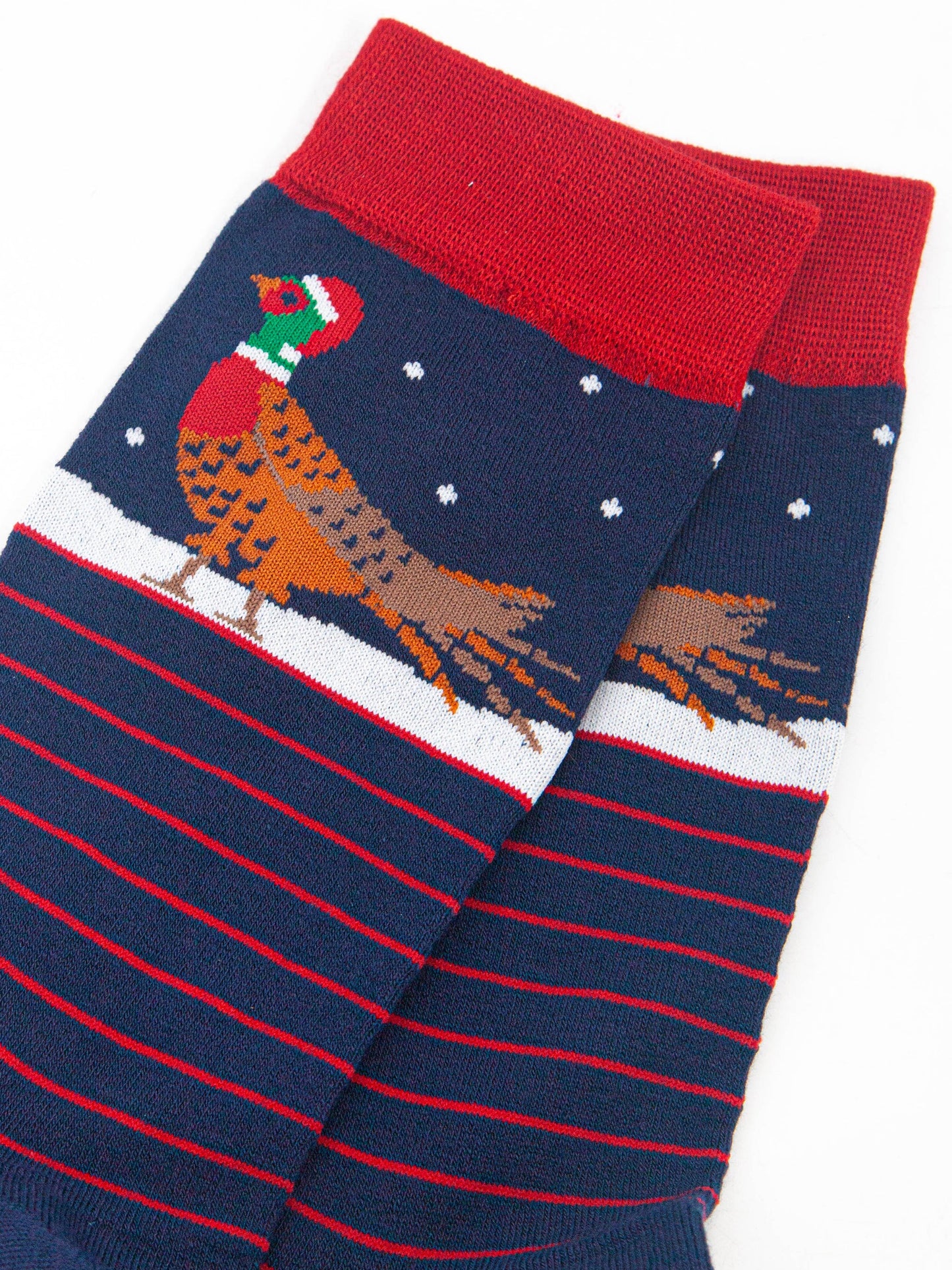 close up of the pheasant on the ankle of the socks, it is walking on snow and wearing a red santa hat, there are small white snowflakes falling around it