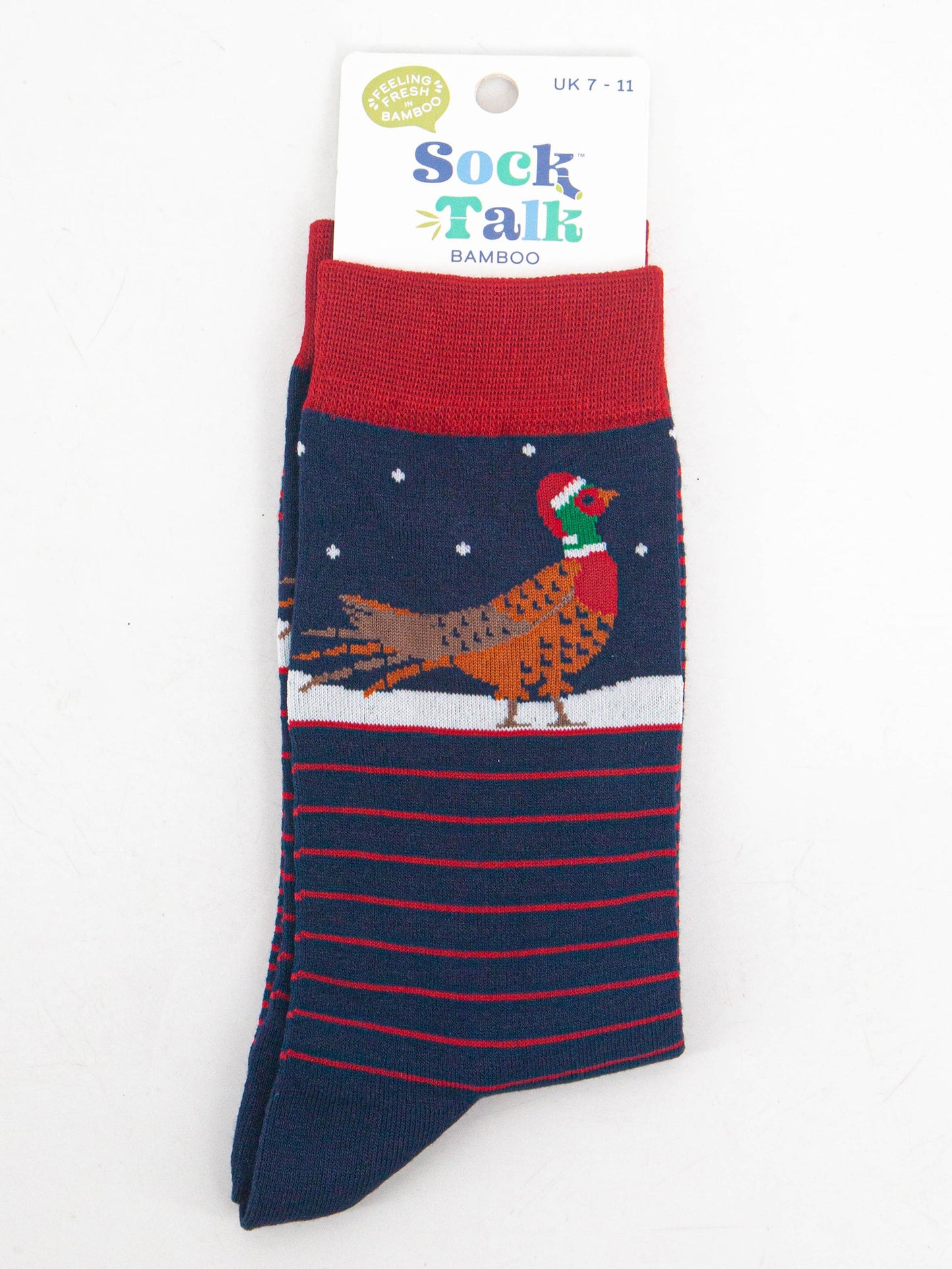 christmas pheasant bamboo socks in their sock talk packaging, these socks are a uk size 7-11