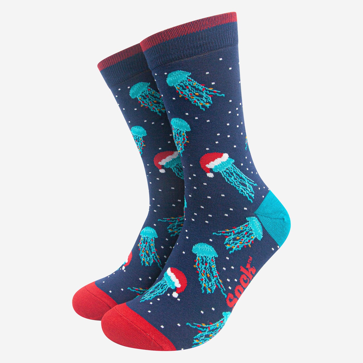 navy blue socks with red toe, cuff and an electric blue heel, there is a pattern of electric blue jellyfish wearing santa hats and party lights all over the socks