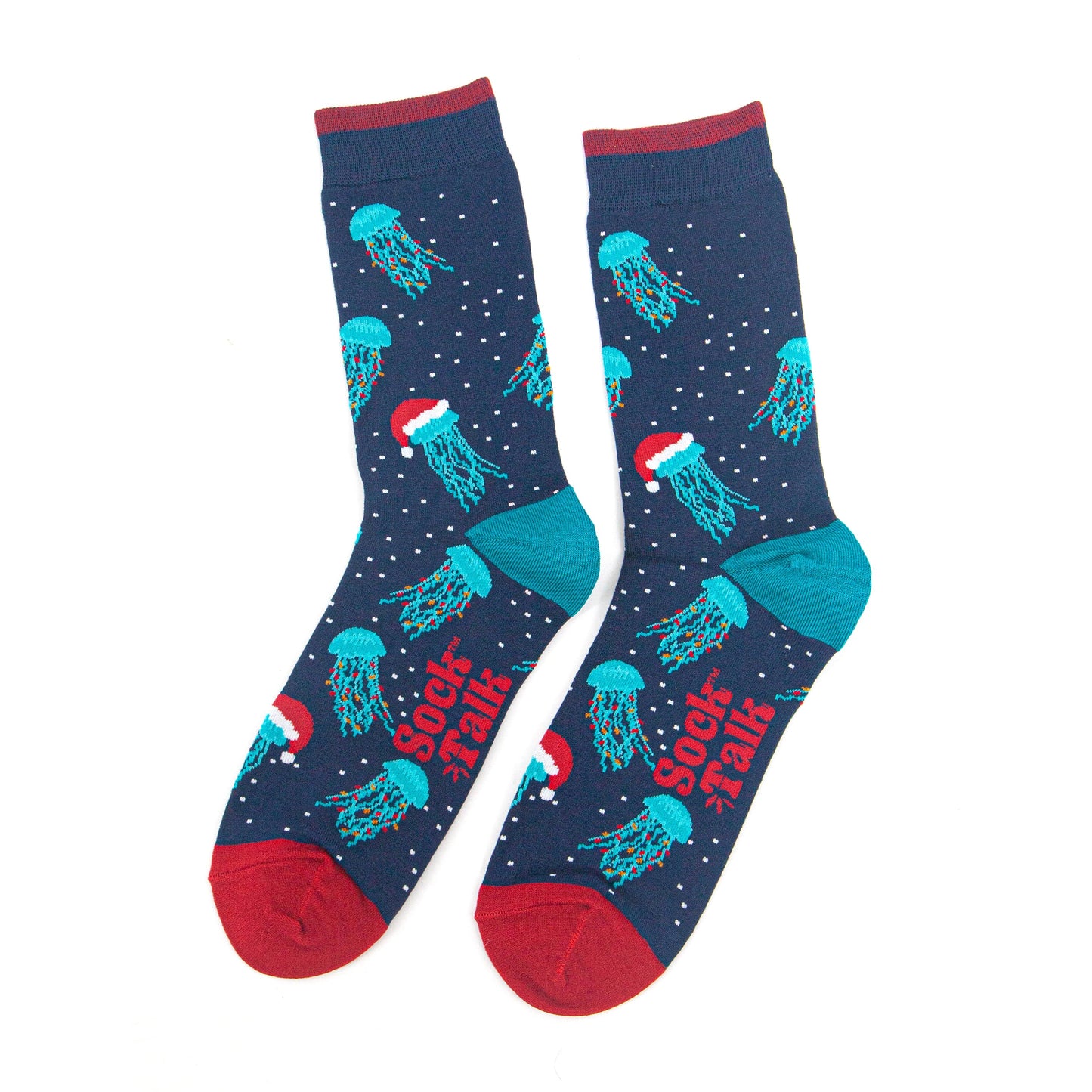 showing the christmas jellyfish socks laying flat, the electric blue jelly fish pattern is all over the socks