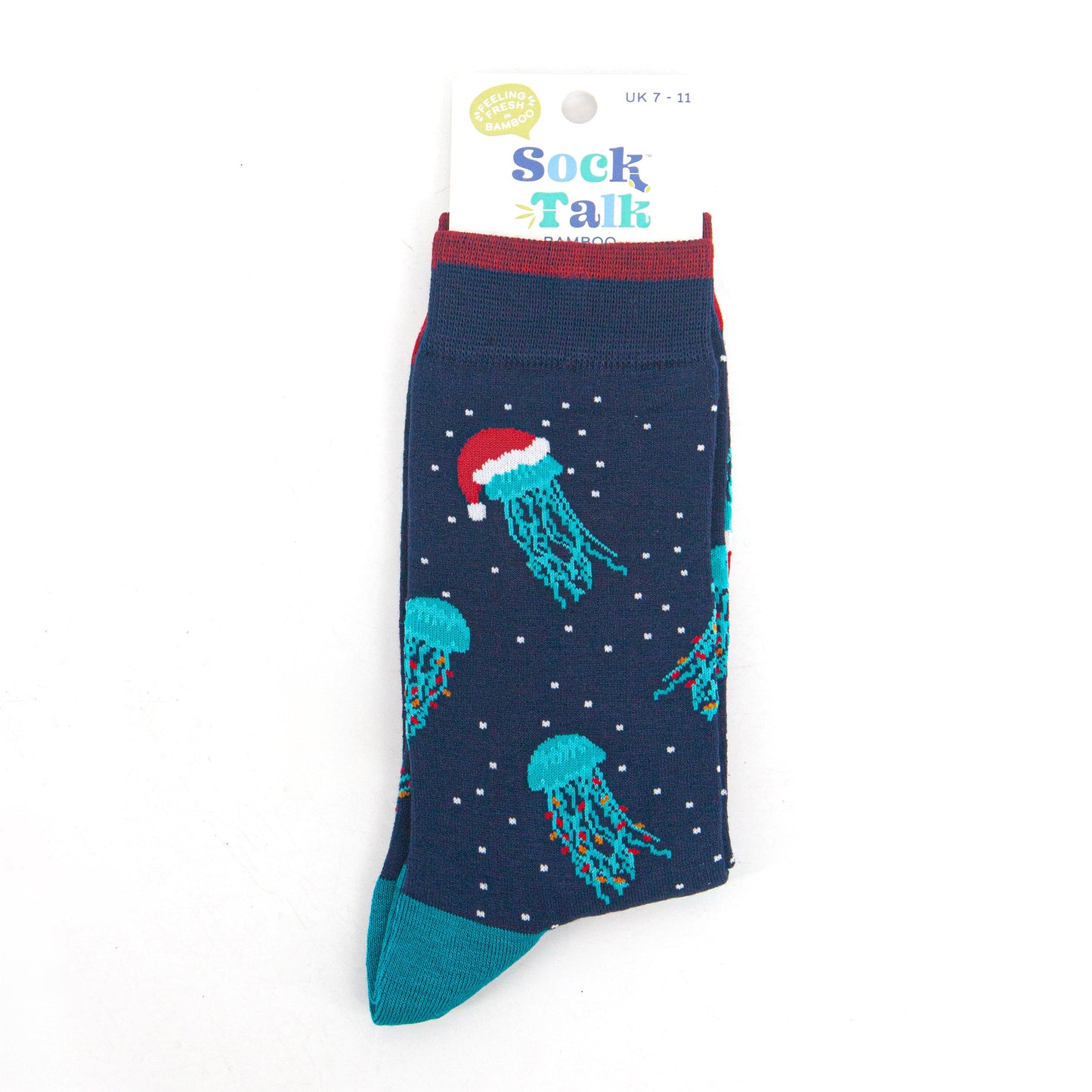 christmas jellyfish bamboo socks in their sock talk packaging, these socks are a uk size 7-11