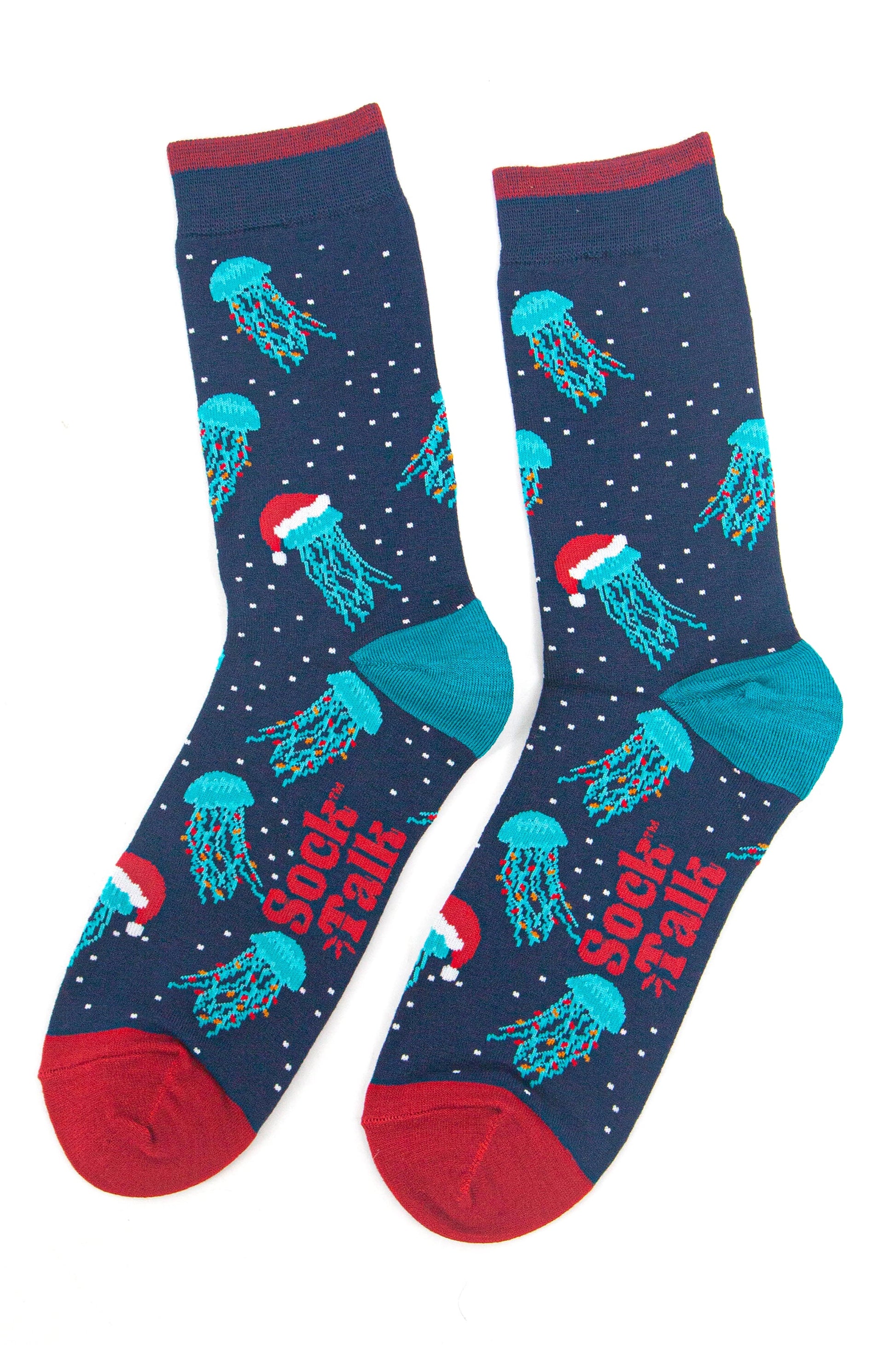 showing the christmas jellyfish socks laying flat, the electric blue jelly fish pattern is all over the socks