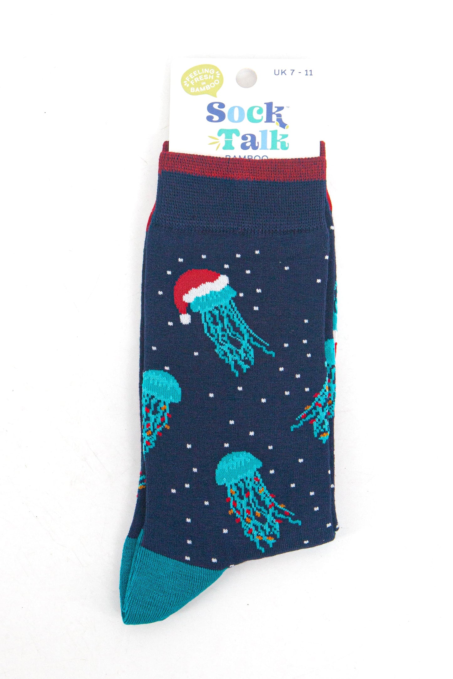 christmas jellyfish bamboo socks in their sock talk packaging, these socks are a uk size 7-11