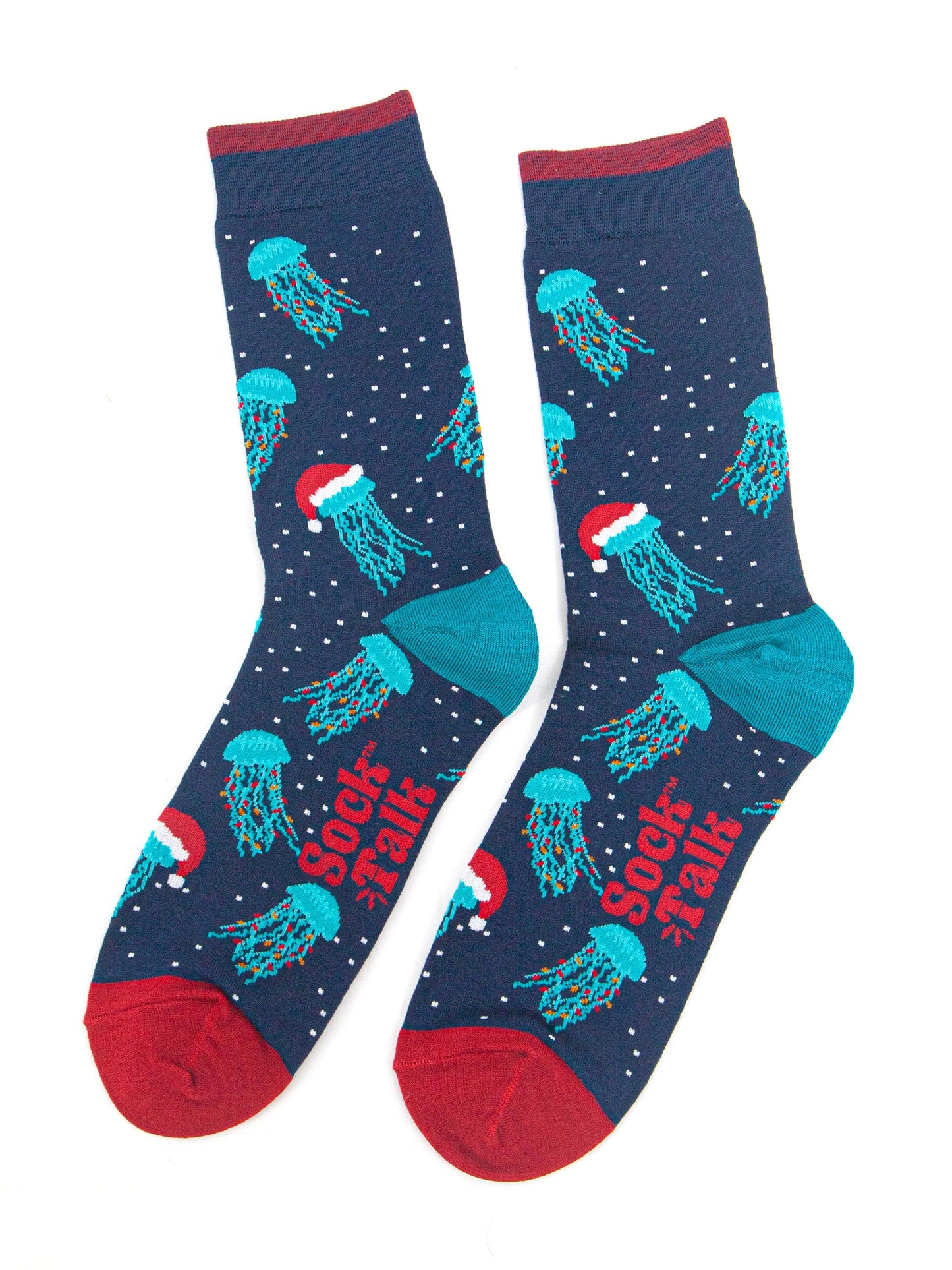 showing the christmas jellyfish socks laying flat, the electric blue jelly fish pattern is all over the socks