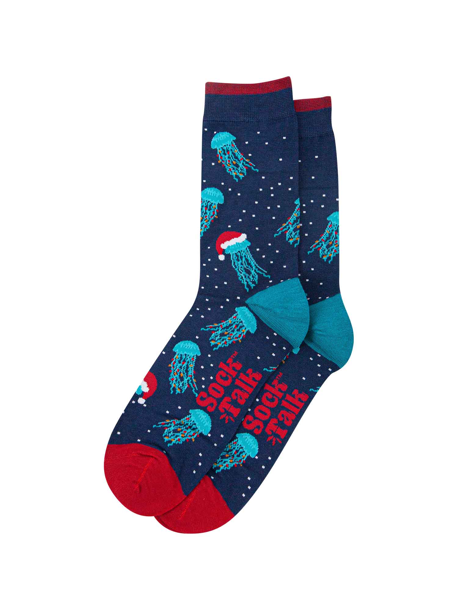showing the christmas jellyfish socks laying flat, the electric blue jelly fish pattern is all over the socks