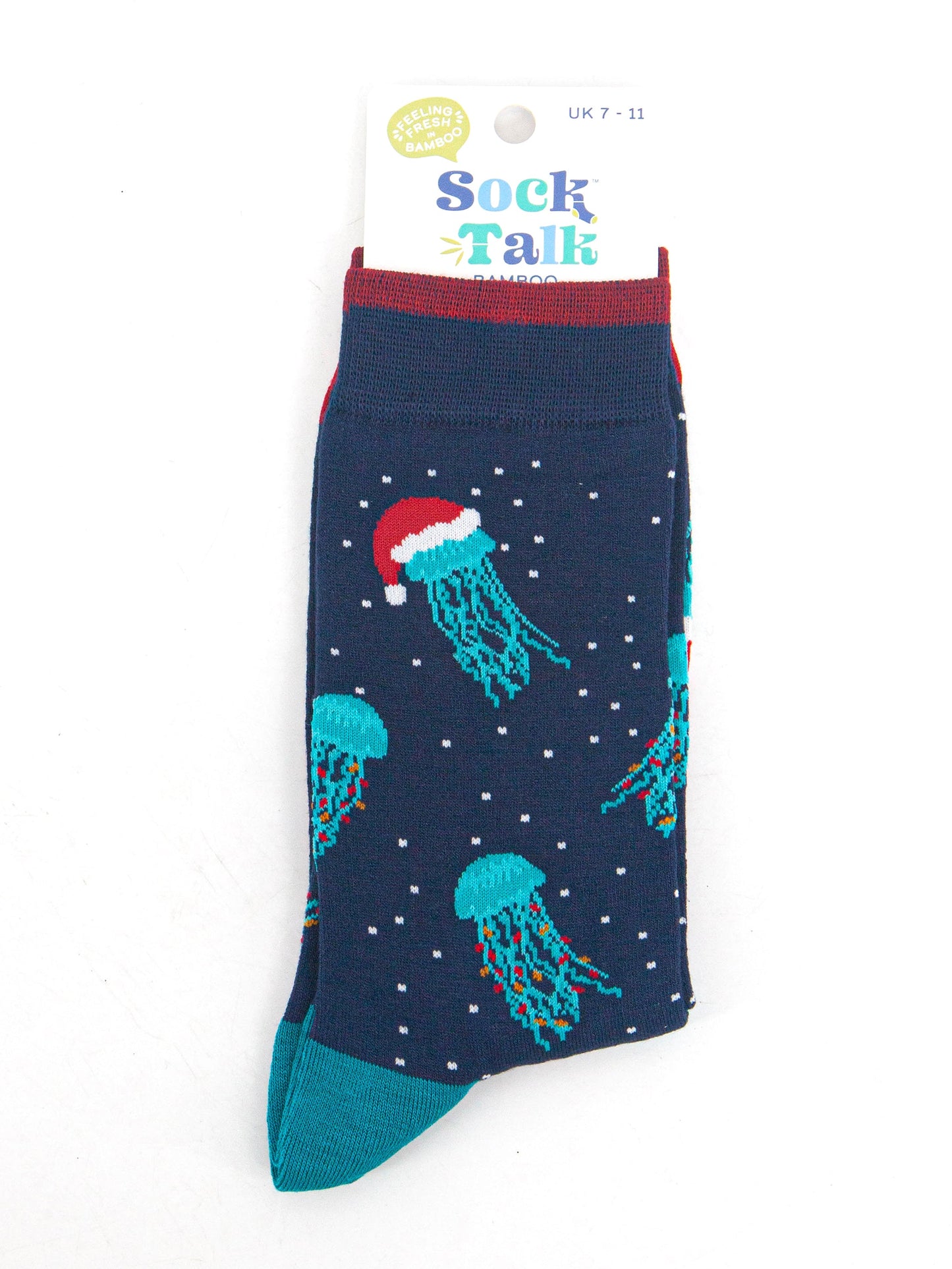 christmas jellyfish bamboo socks in their sock talk packaging, these socks are a uk size 7-11