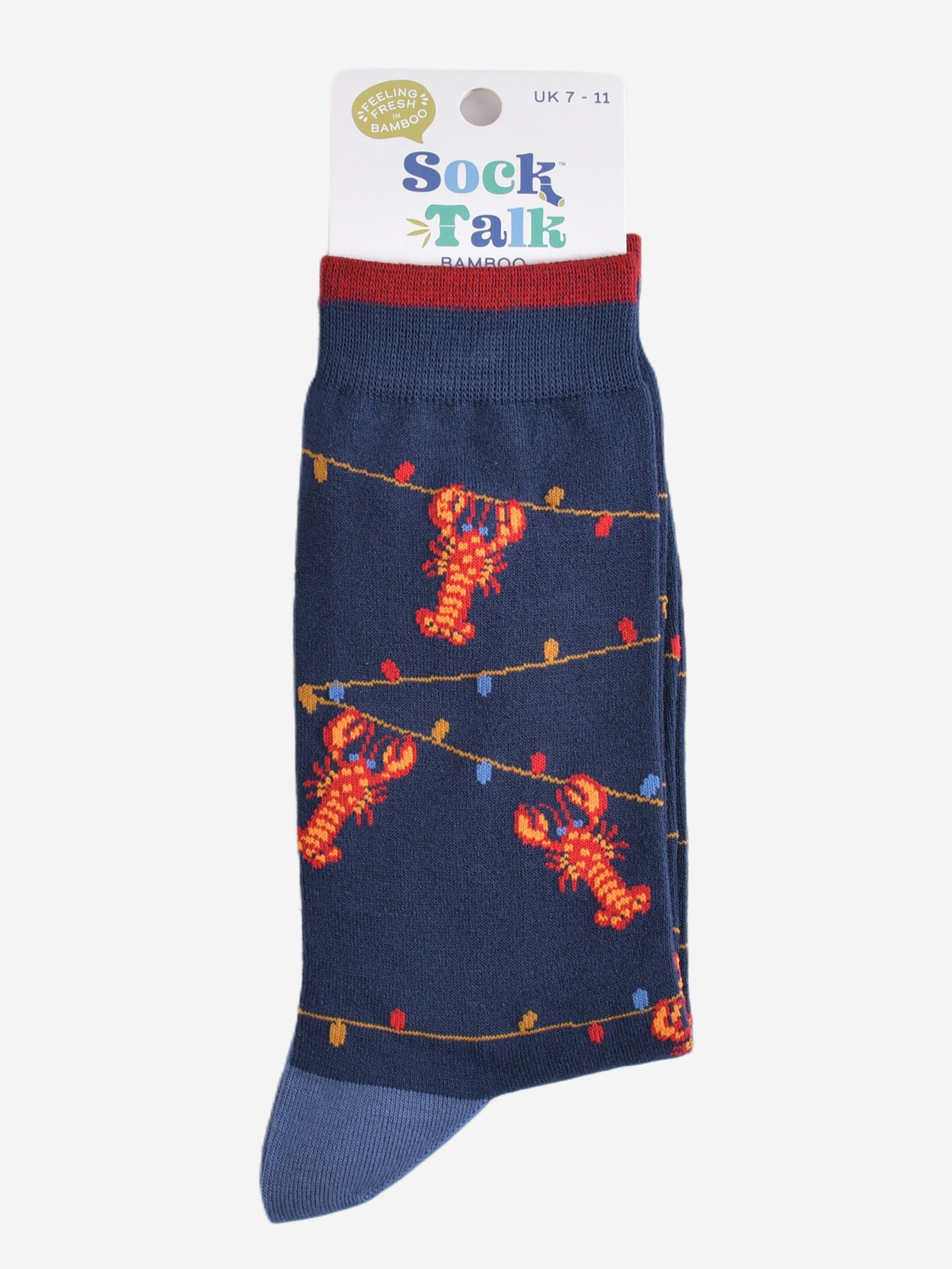lobster party light bamboo socks in their sock talk packaging, these socks are a uk size 7-11