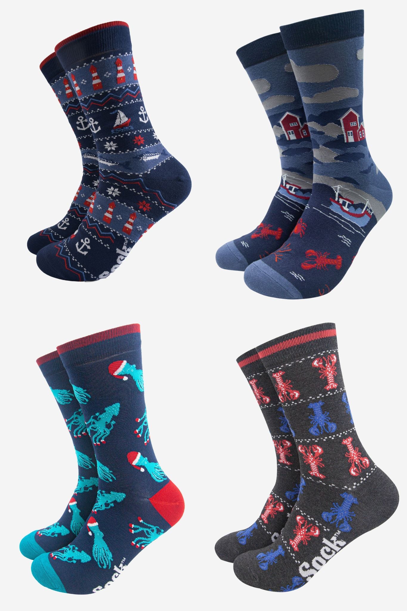 Men's Bamboo Crew Socks Festive Gift Set - Navy Blue/Red, Sealife