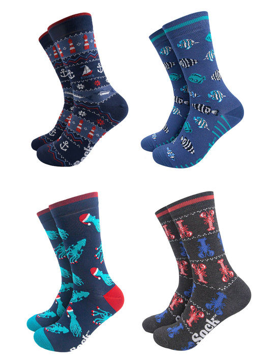 Men's Bamboo Crew Socks Festive Gift Set - Navy Blue/Red, Sealife