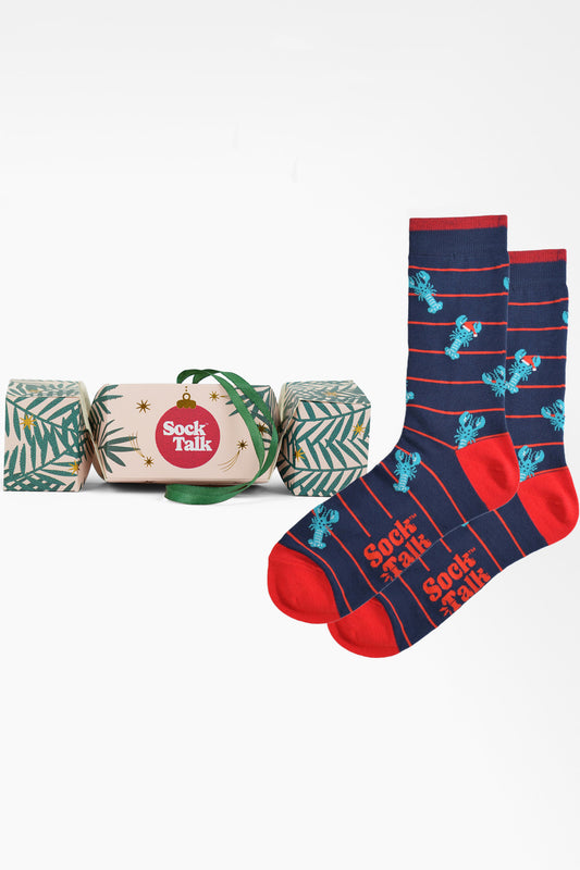 Men's Bamboo Crew Socks Christmas Cracker Gift Box -  Navy Blue/Red, Christmas Lobster