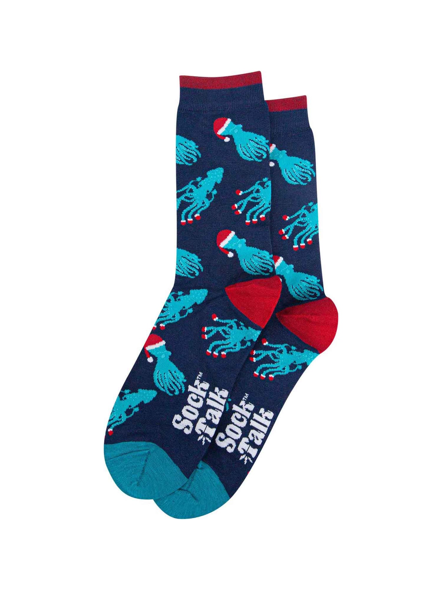 showing the christmas octopus and squid socks laying flat, there is an all over pattern of electric blue coloured squid and octopus wearing santa hats and santa slippers
