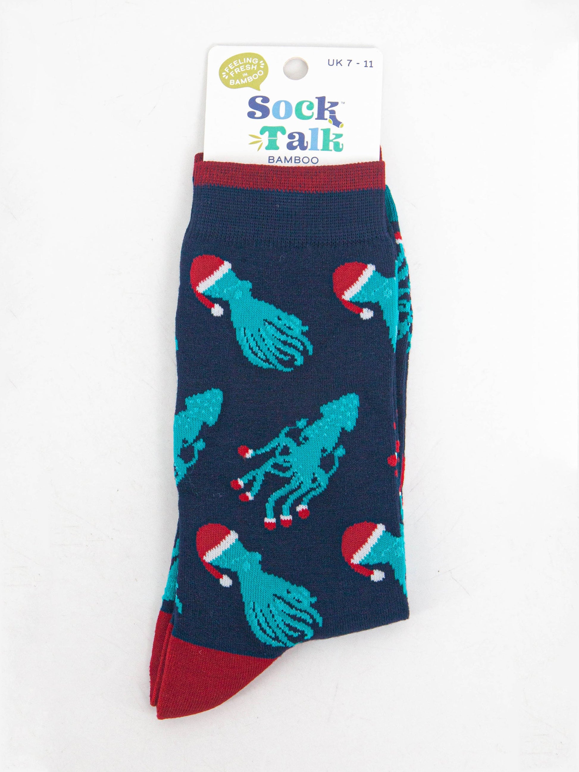 christmas octopus and squid bamboo socks in their sock talk packaging, these socks are a uk size 7-11