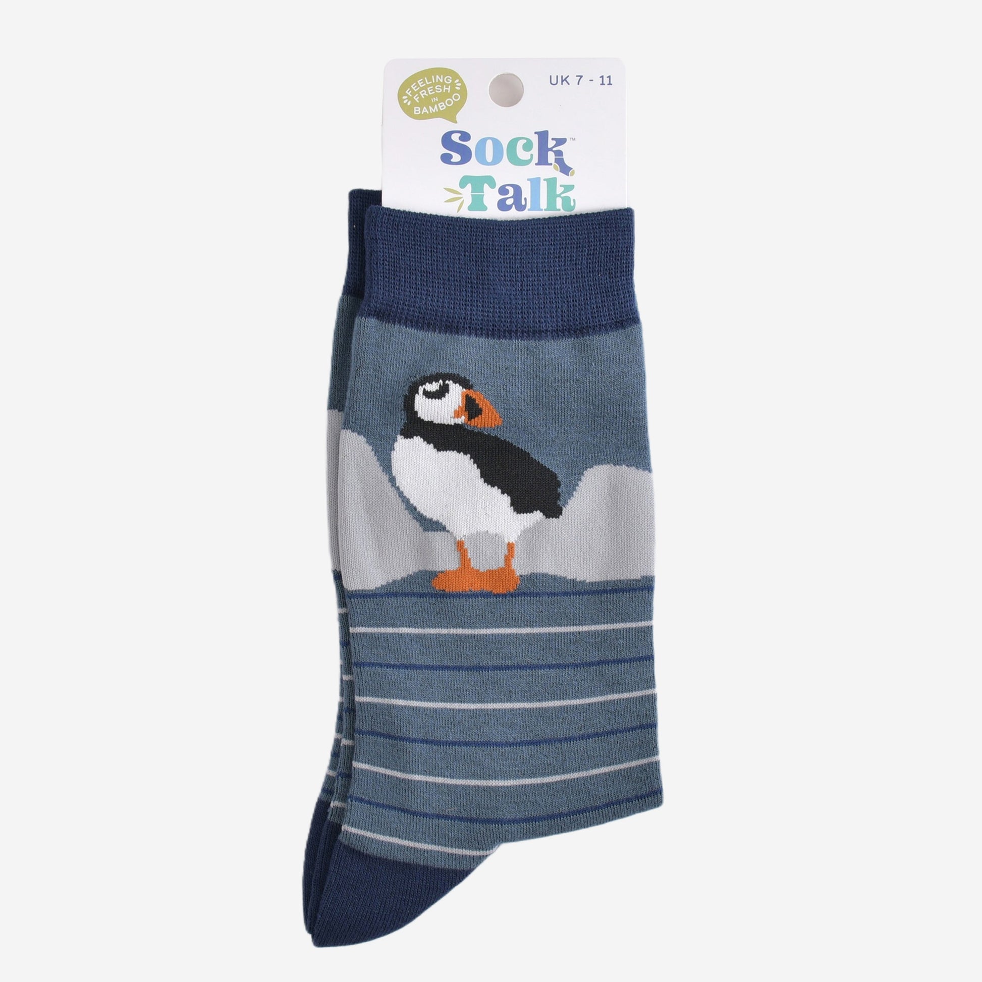 striped puffin bamboo socks in their sock talk packaging, these socks are a uk size 7-11