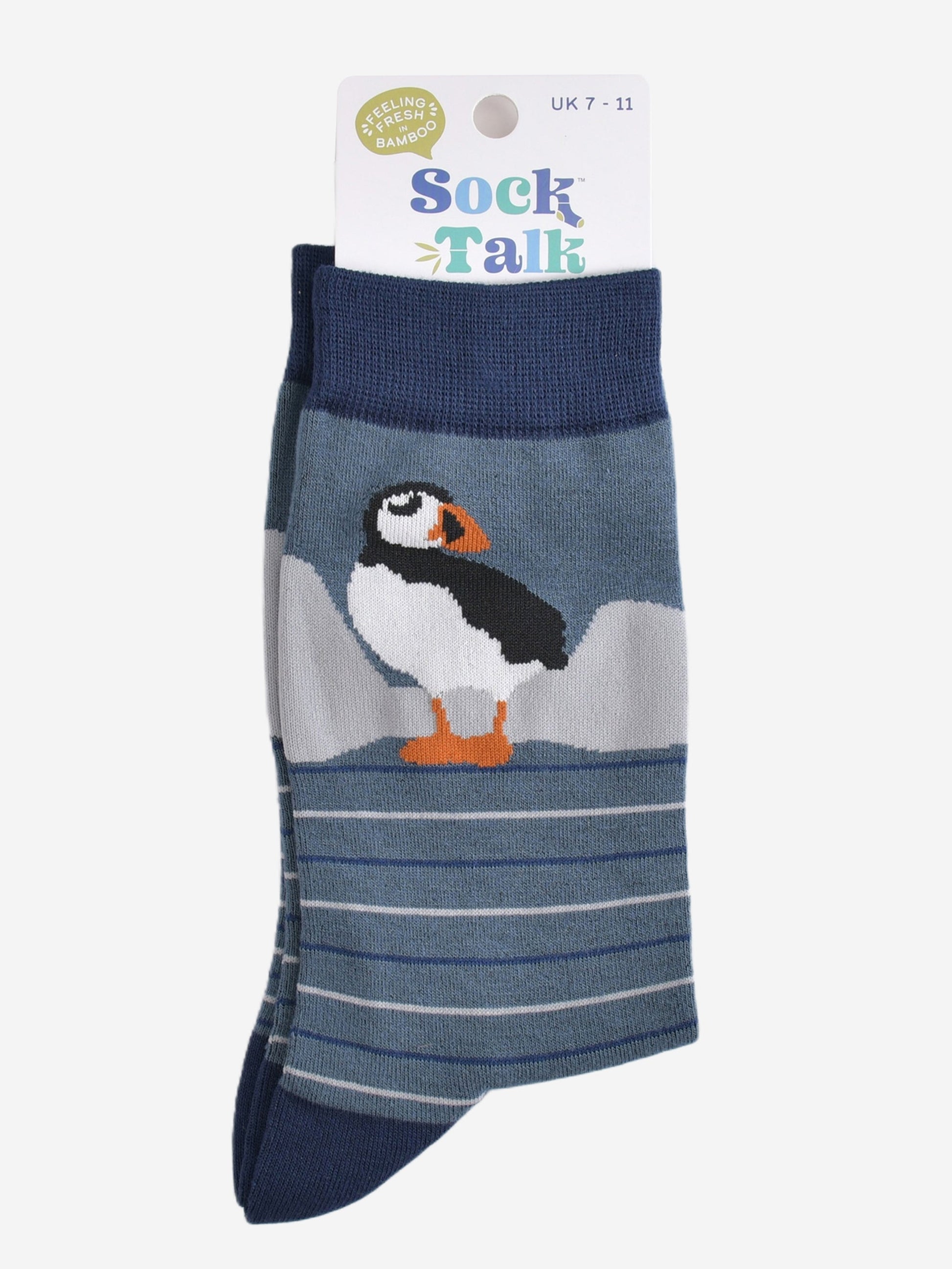striped puffin bamboo socks in their sock talk packaging, these socks are a uk size 7-11