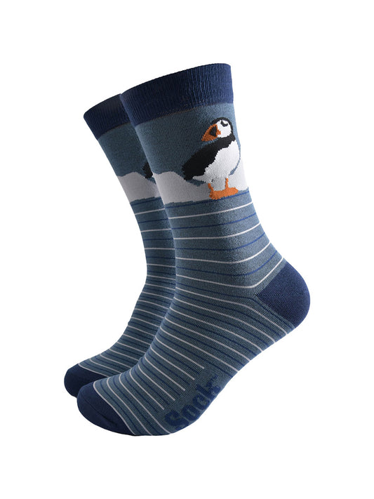 teal striped bamboo socks with navy blue heel, toe and cuff with a large puffin bird on the ankle of the socks