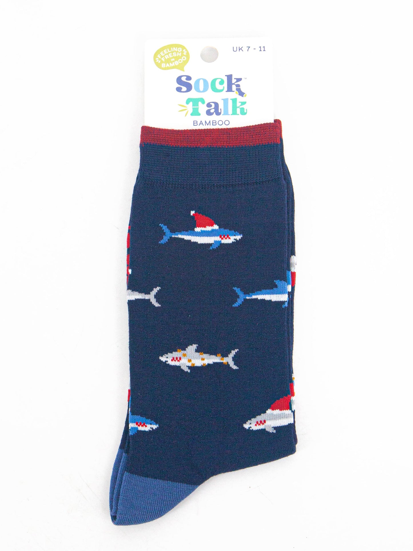 christmas shark bamboo socks in their sock talk packaging, these socks are a uk size 7-11