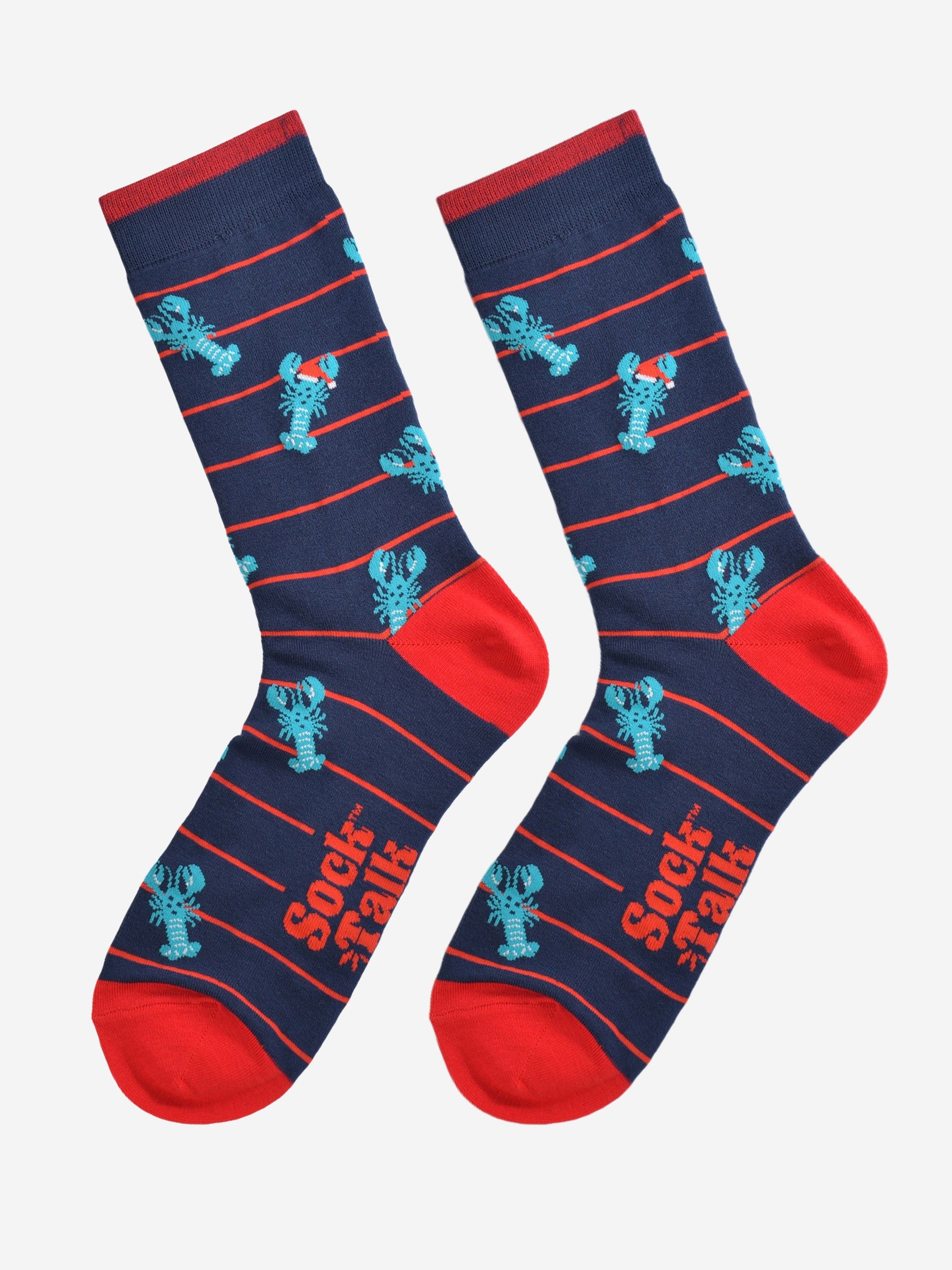blue lobster socks laying flat, showing the red horizontal pinstripe pattern and blue lobsters wearing santa hats