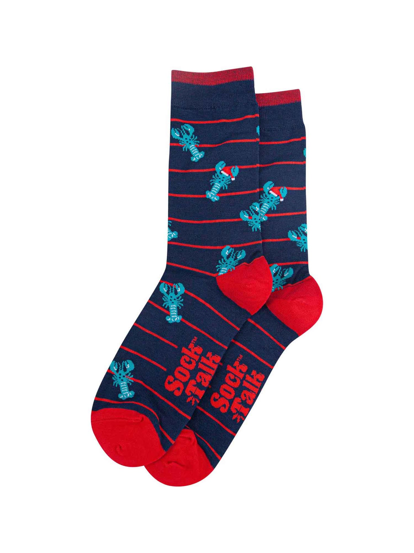 blue lobster socks laying flat, showing the red horizontal pinstripe pattern and blue lobsters wearing santa hats