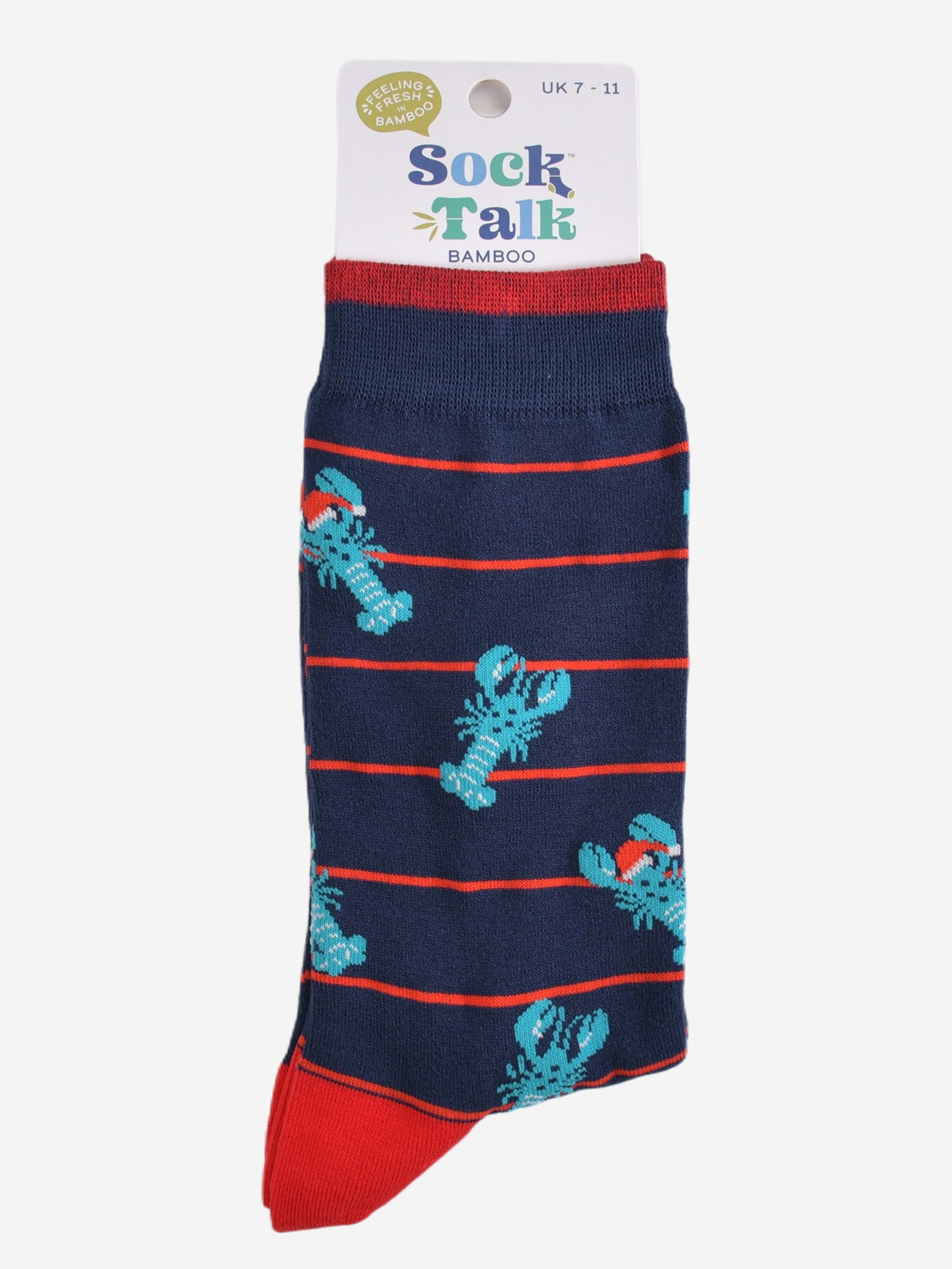 blue lobster santa hat bamboo socks in their sock talk packaging, the socks are a uk size 7-11