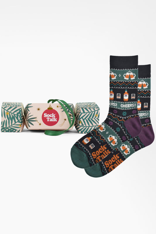 Men's Bamboo Crew Socks Christmas Cracker Gift Box -  Black/Green, Party Drinks Fair Isle