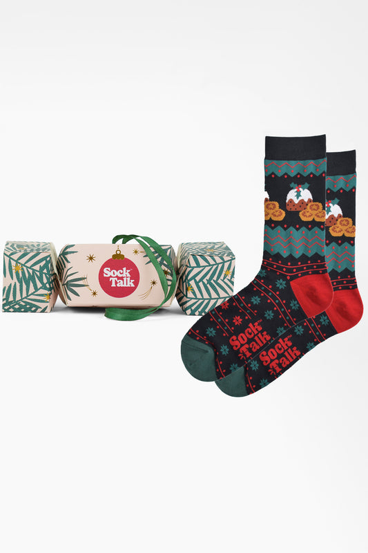Men's Bamboo Crew Socks Christmas Cracker Gift Box - Black/Green, Christmas Pudding