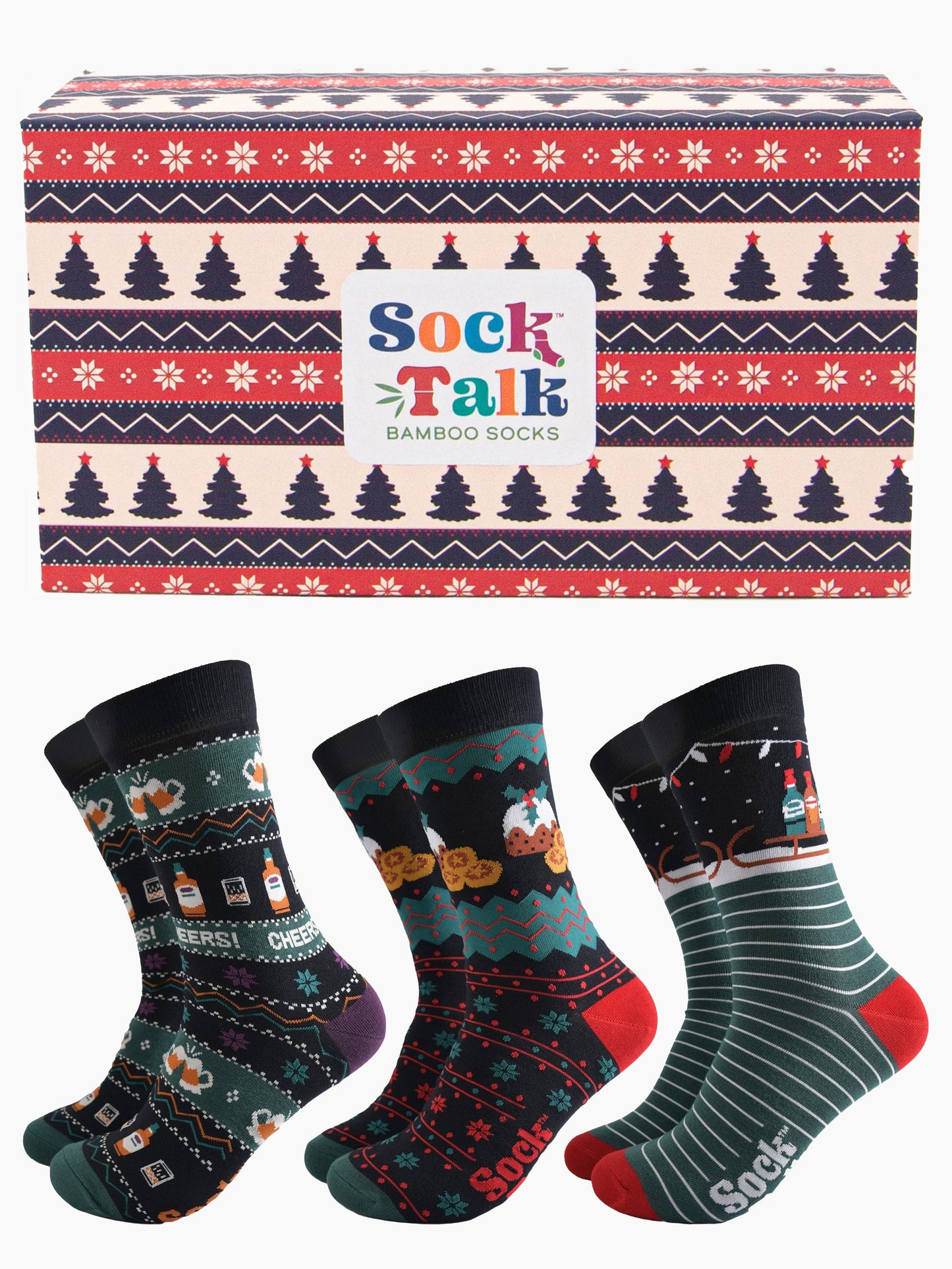 fair isle style gift box in red, blue and cream featuring snowflakes, and xmas trees with three pairs of festive treat themed bamboo socks