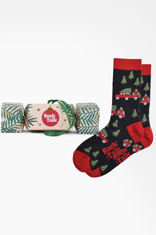 Men's Bamboo Crew Socks Christmas Cracker Gift Box - Black/Red, Christmas Tree Off Roader