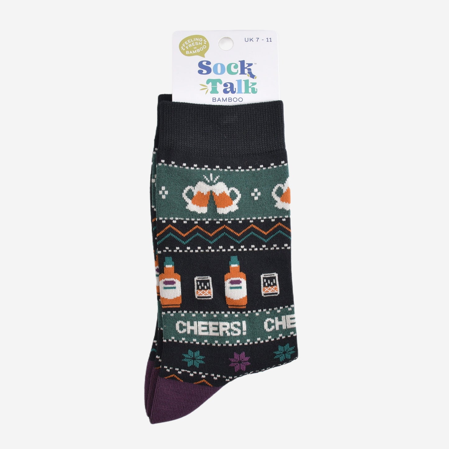 fair isle party drinks bamboo socks in their sock talk packaging, these socks are a uk size 7-11