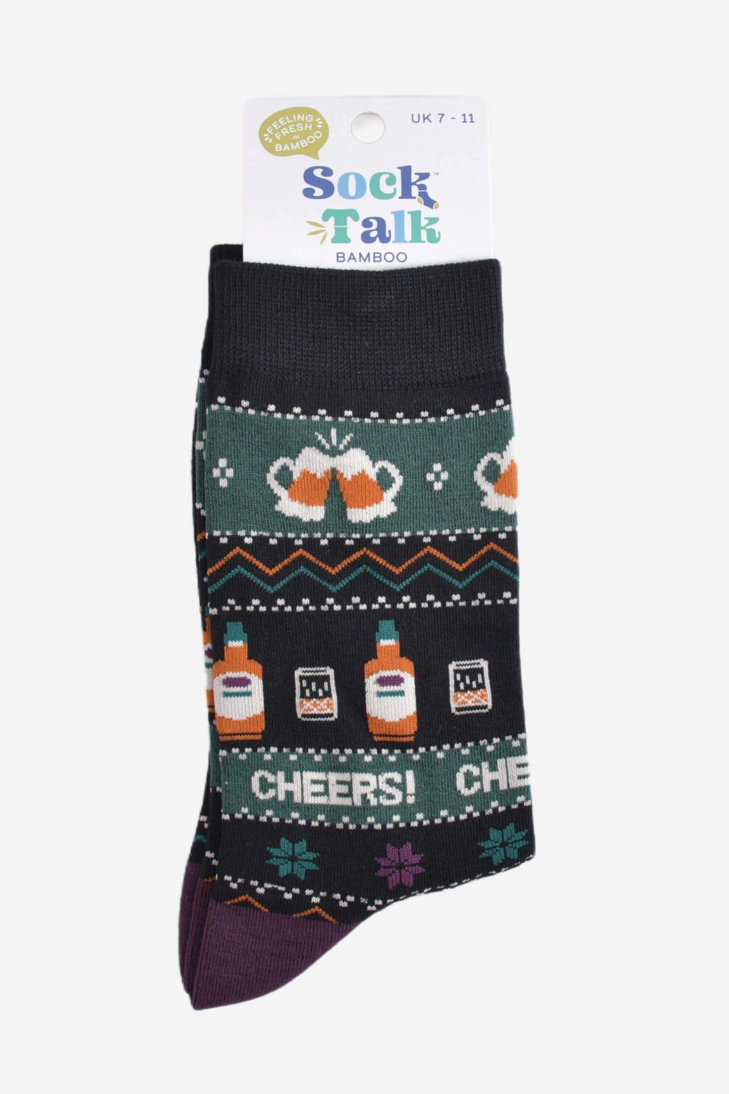 fair isle party drinks bamboo socks in their sock talk packaging, these socks are a uk size 7-11