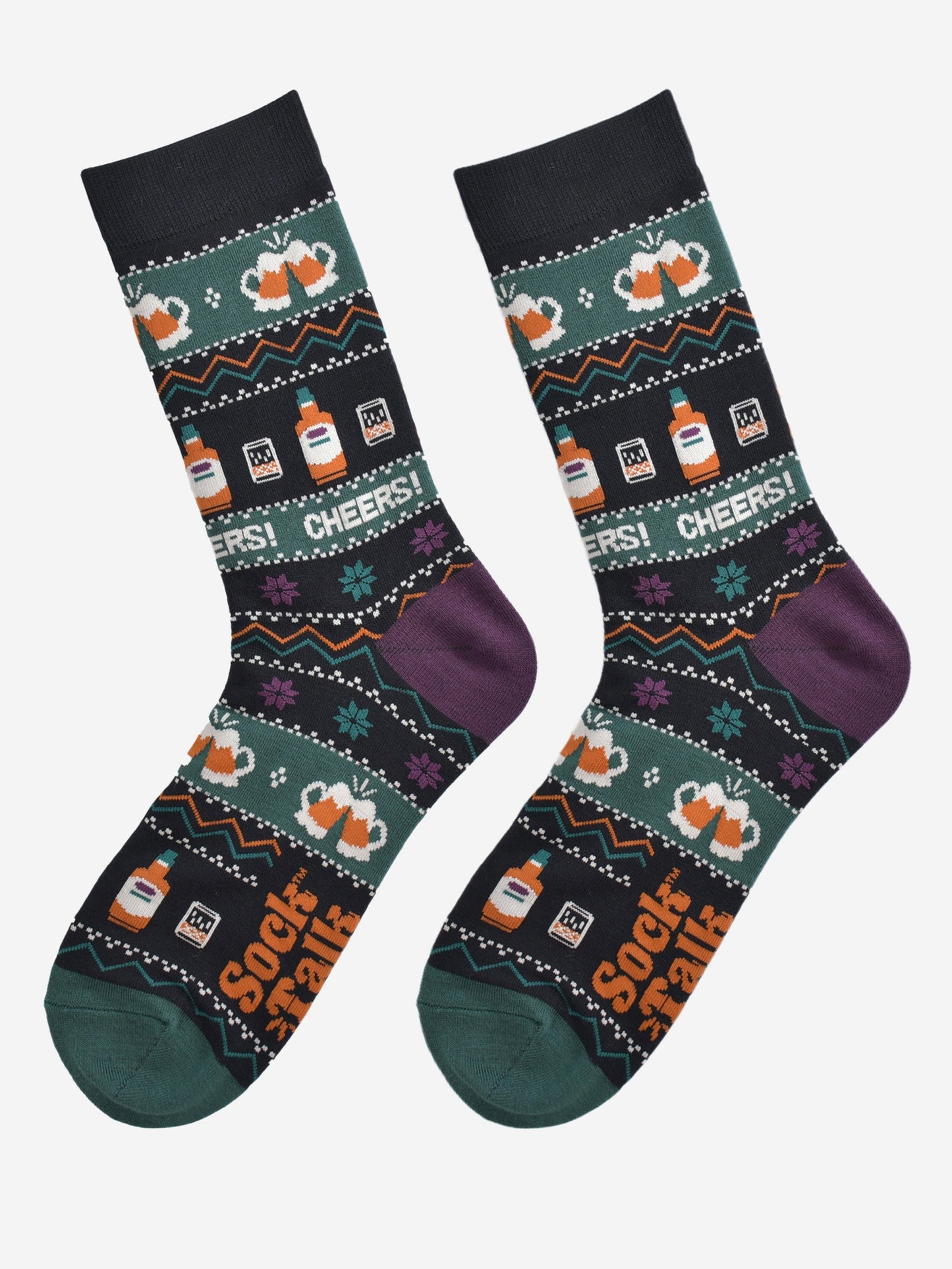 fair isle party drinks socks laying flat, showing the detailed pattern which has whisky glasses, beer mugs and the word cheers running through the design