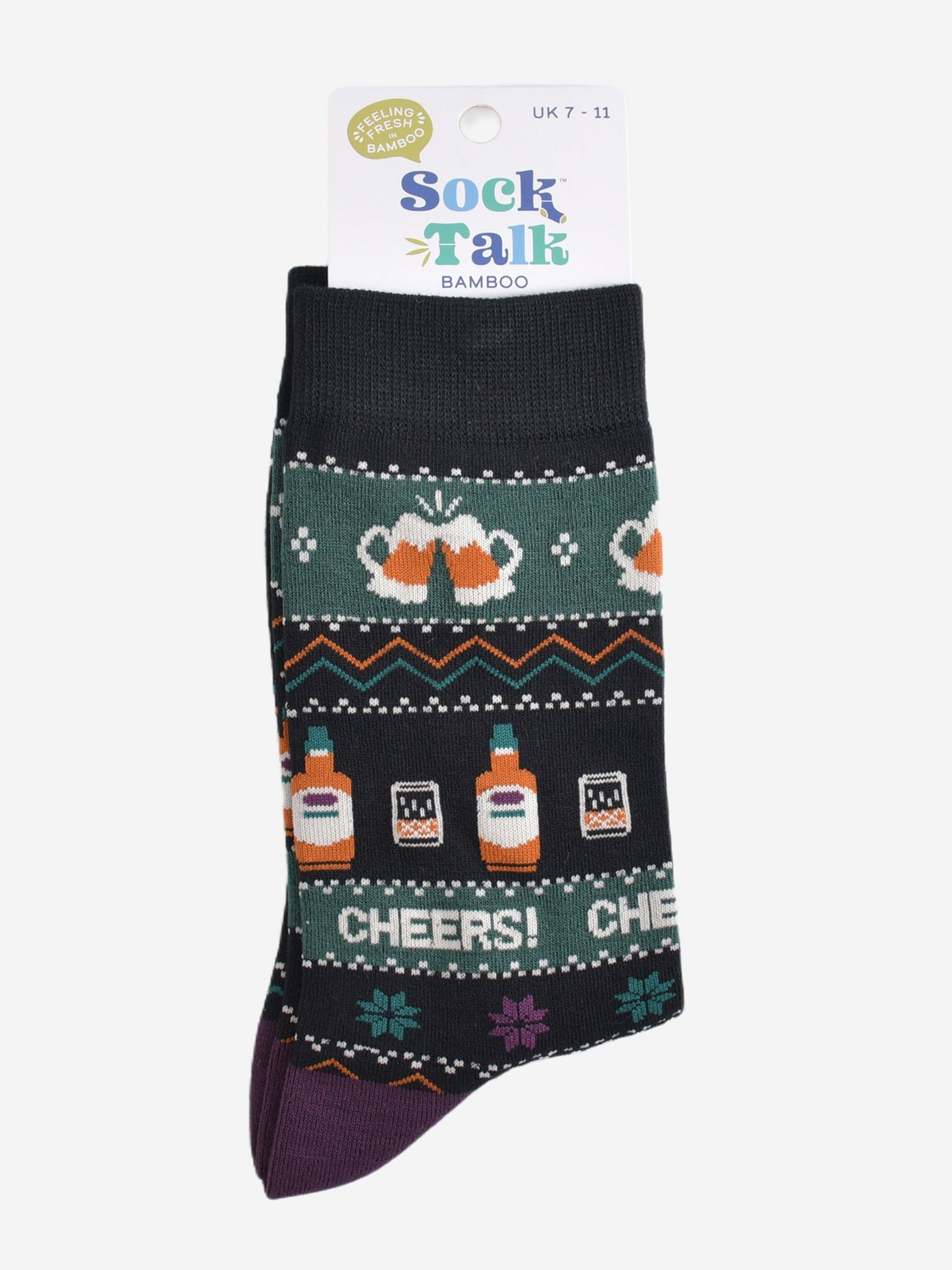 fair isle party drinks bamboo socks in their sock talk packaging, these socks are a uk size 7-11