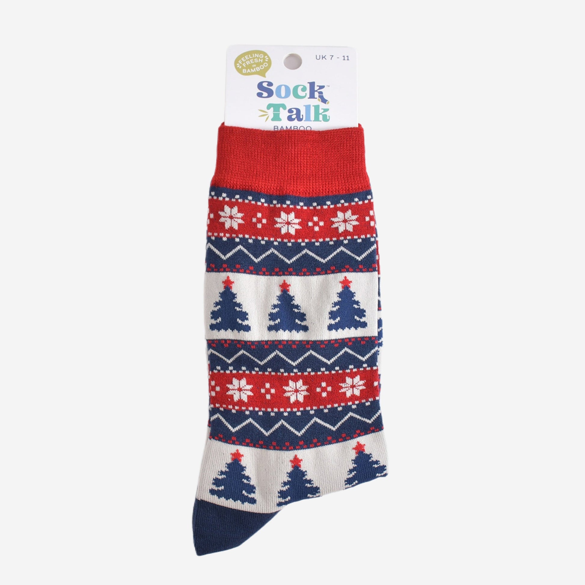 fair isle christmas tree bamboo socks in their sock talk packaging, these socks are a uk size 7-11