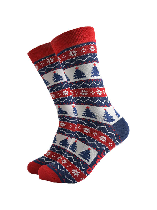 red, blue and white fair isle pattern crew socks featuring xmas trees and snowflakes in the design