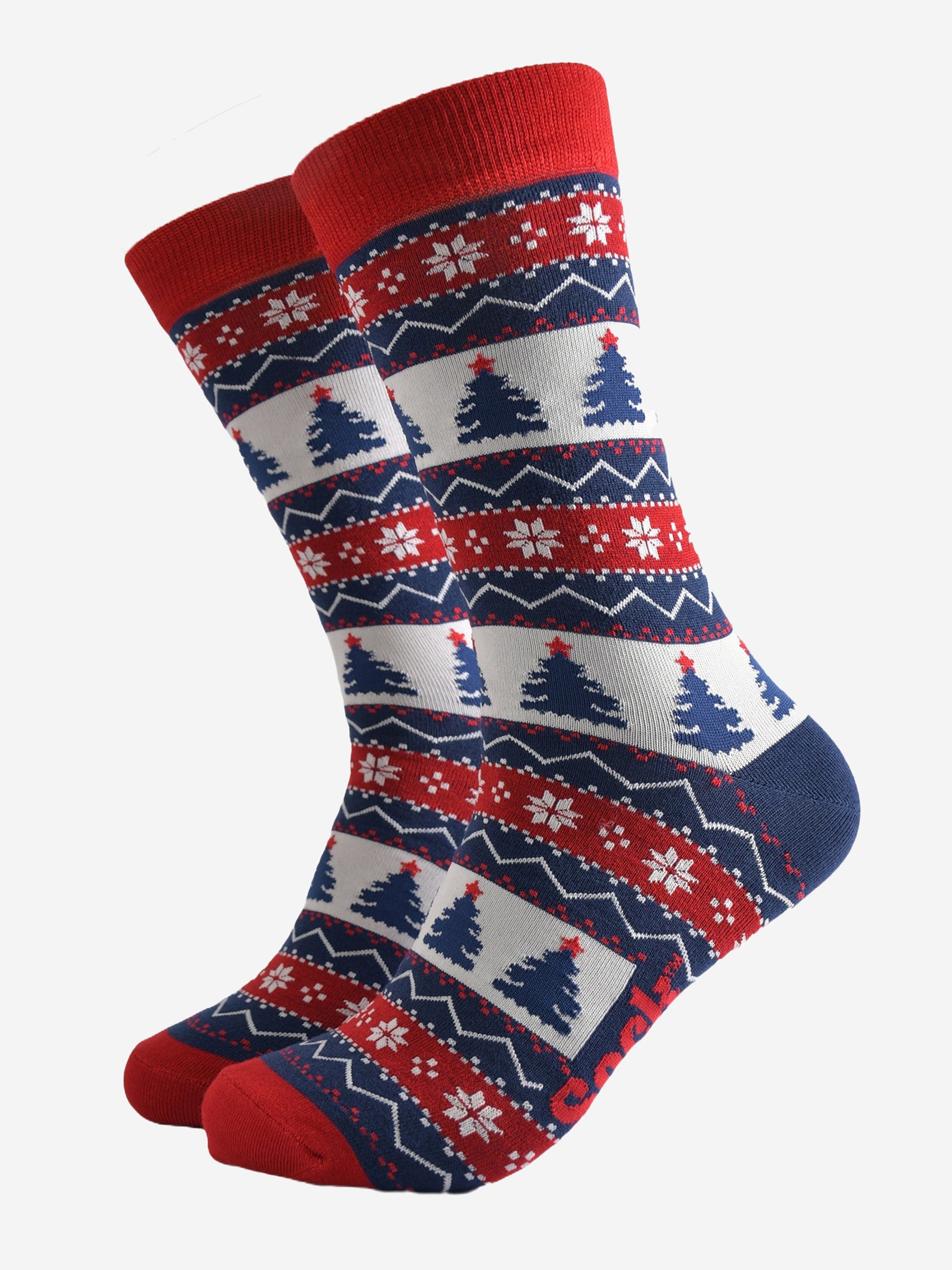 red, blue and white fair isle pattern crew socks featuring xmas trees and snowflakes in the design