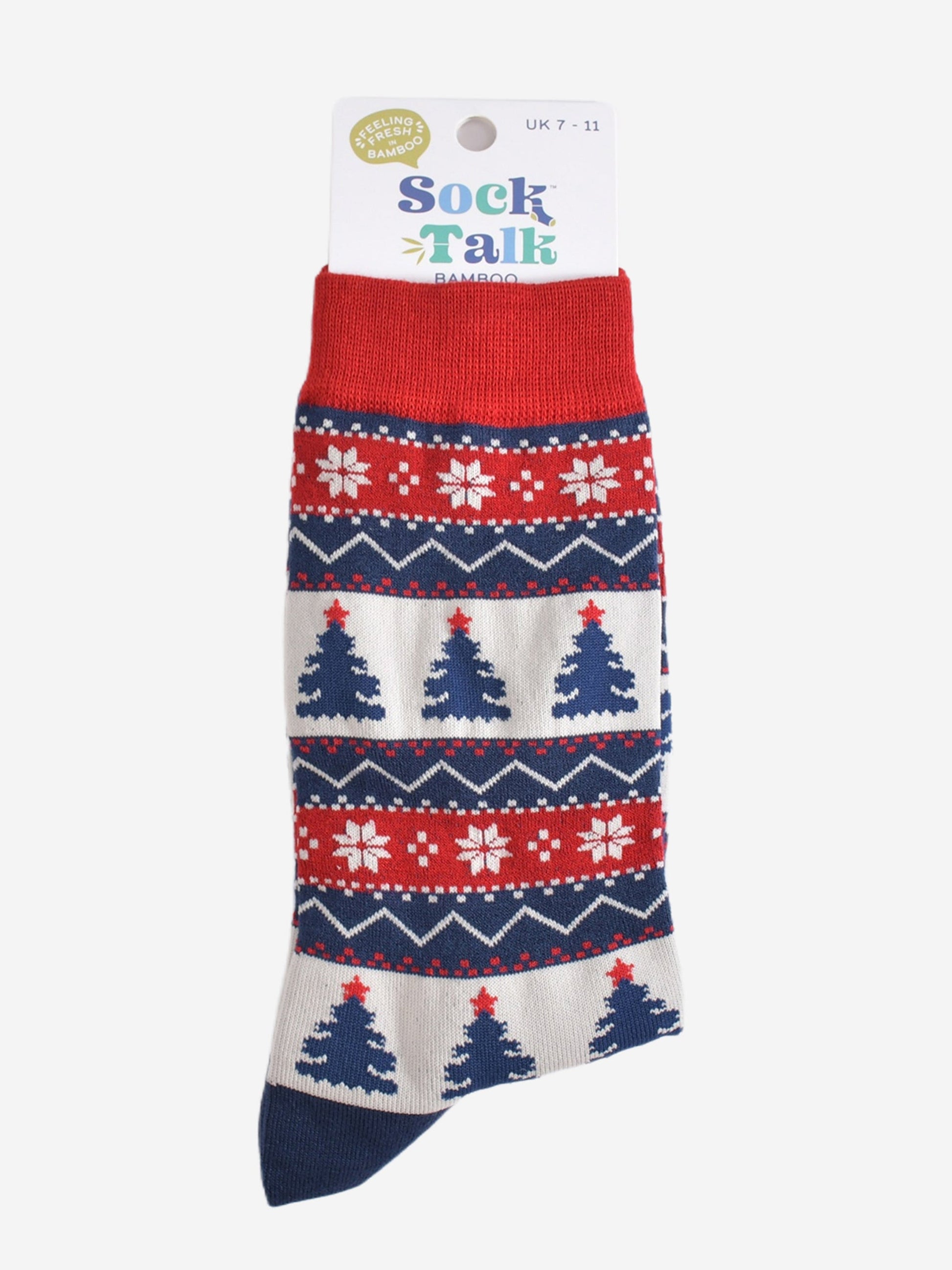 fair isle christmas tree bamboo socks in their sock talk packaging, these socks are a uk size 7-11