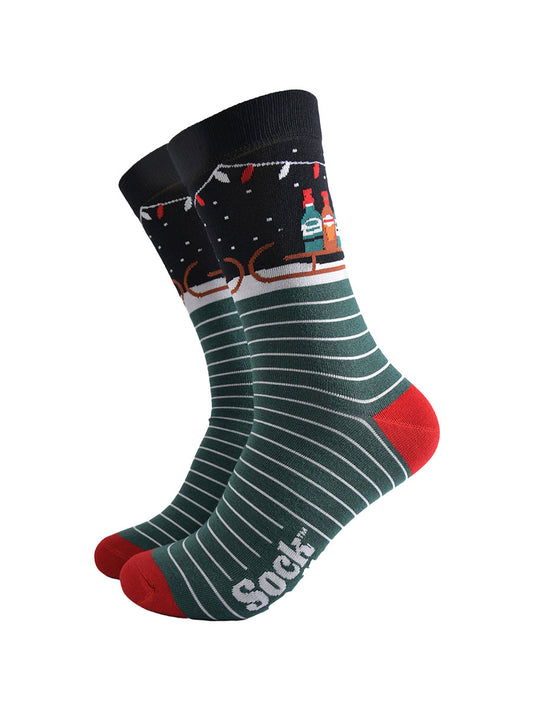 striped green, black and red bamboo socks showcasing a sledge laden with drinks in bottles