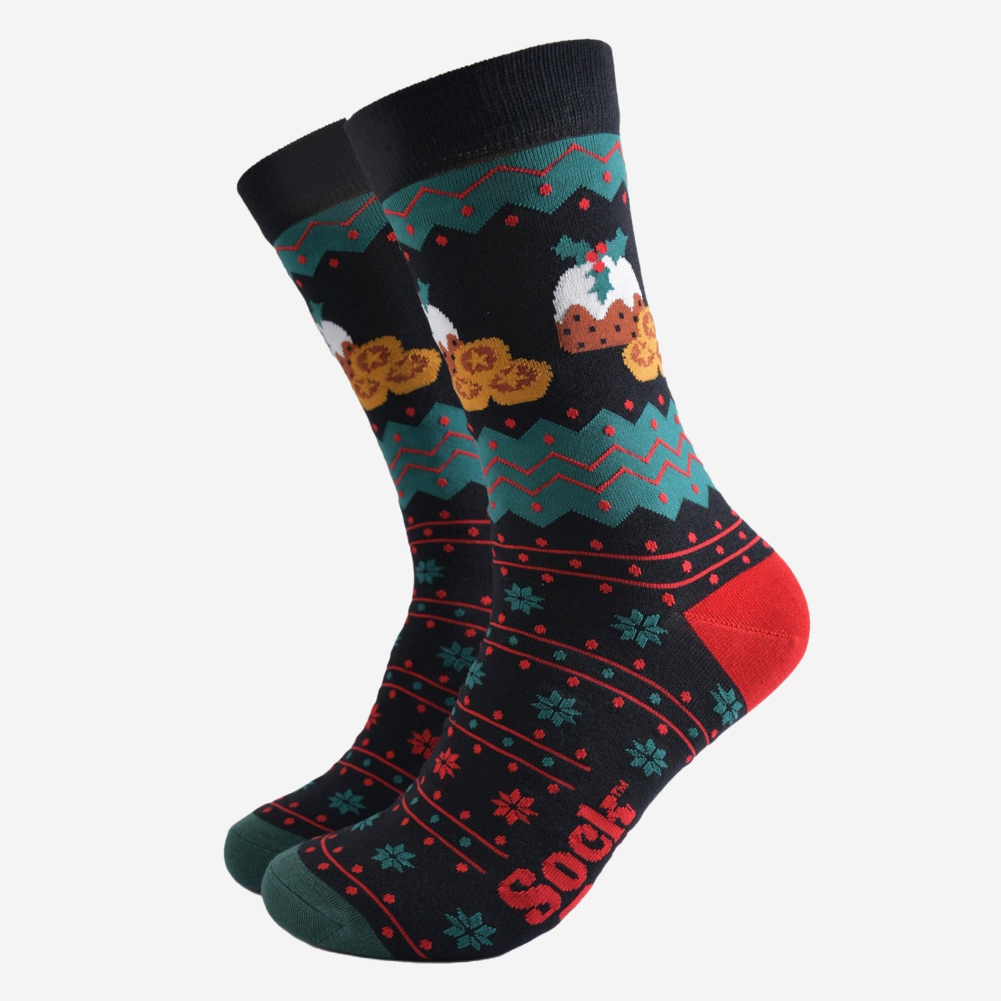 black, red and green bamboo socks with a fair isle style pattern and christmas puddings and mince pies on the ankles