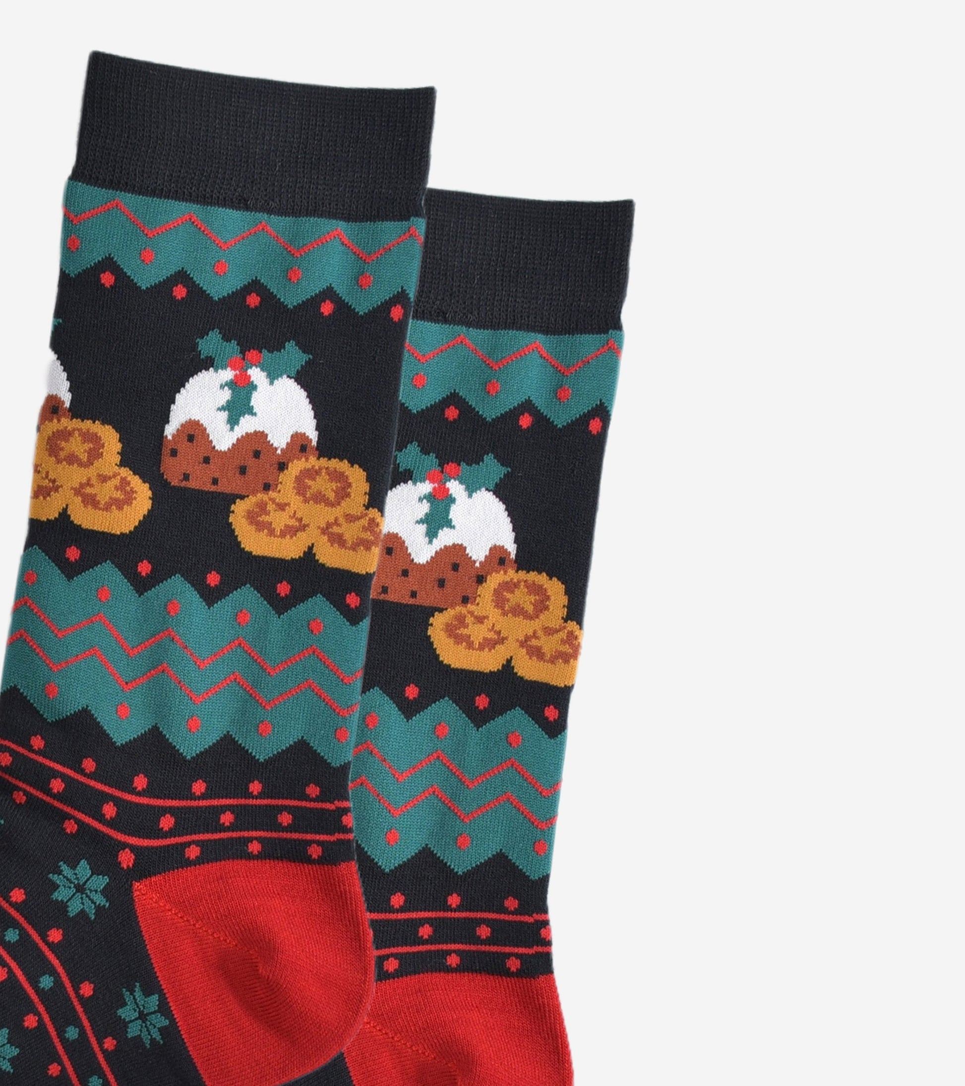close up of the christmas pudding and mince pie design on the ankle of the socks