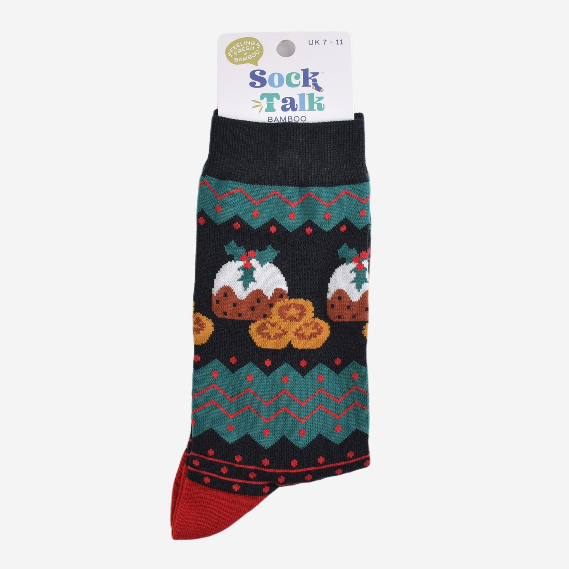 fair isle christmas pudding socks in their sock talk packaging, the socks are a uk size 7-11