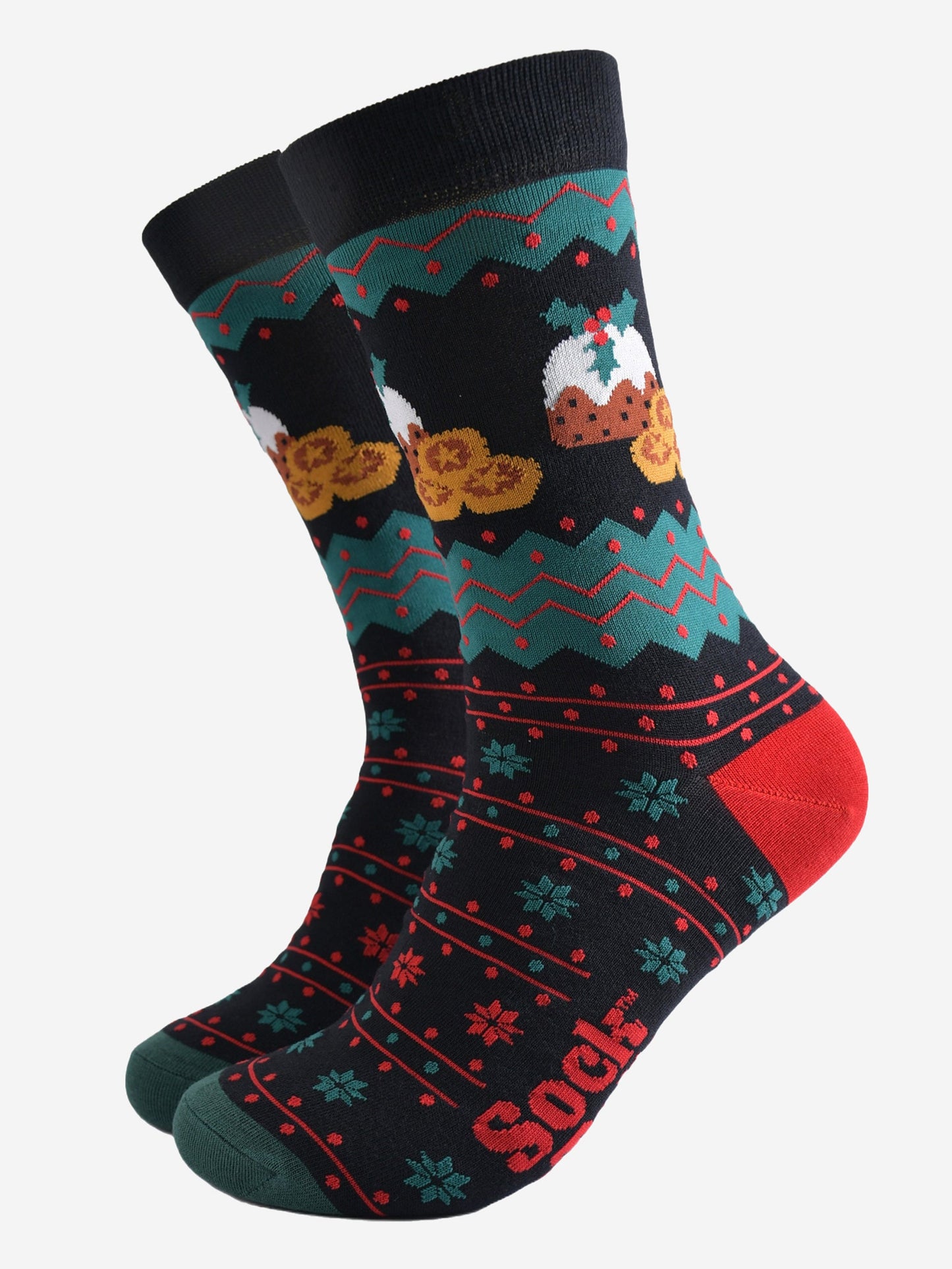 black, red and green bamboo socks with a fair isle style pattern and christmas puddings and mince pies on the ankles