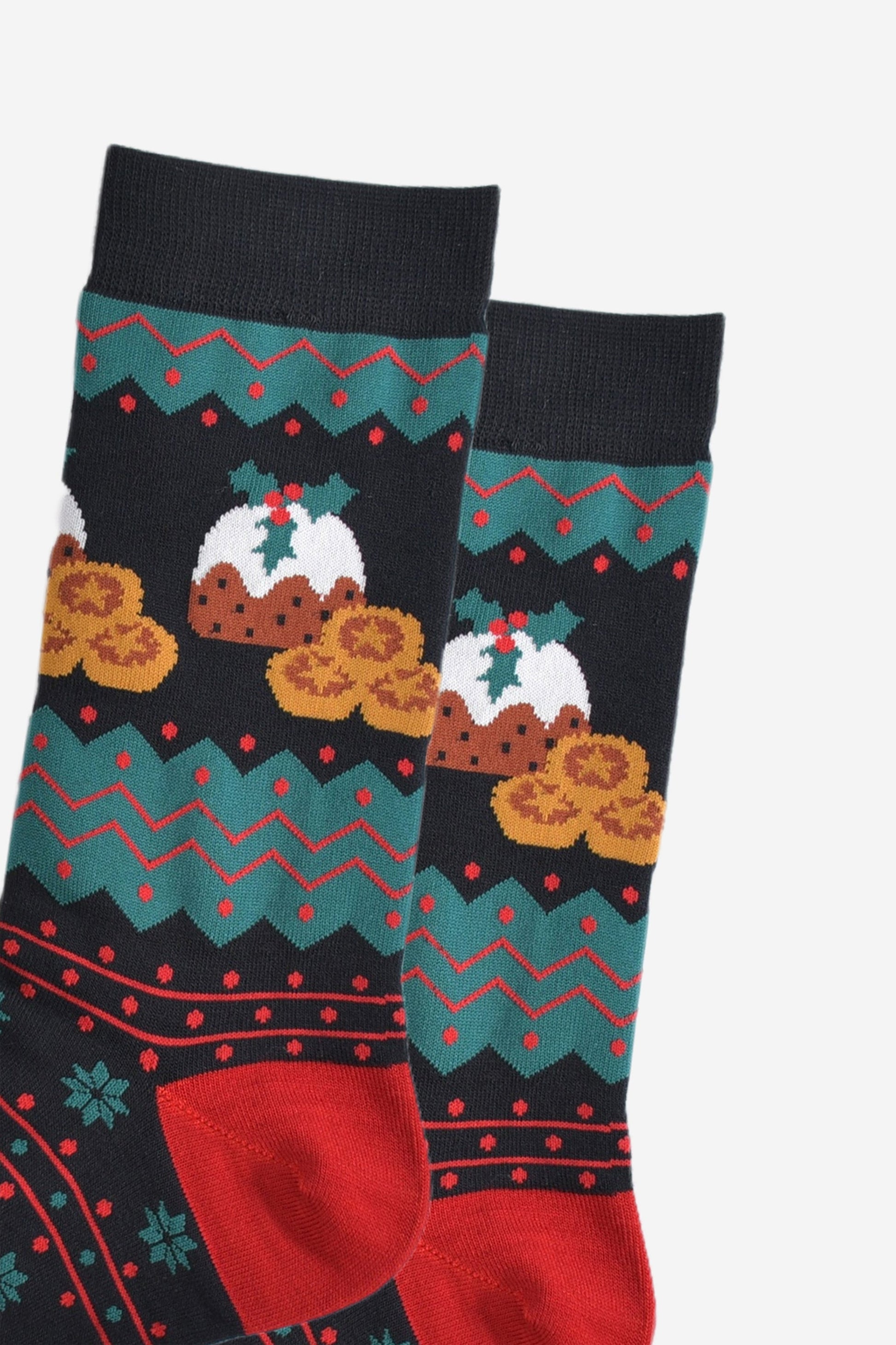 close up of the christmas pudding and mince pie design on the ankle of the socks