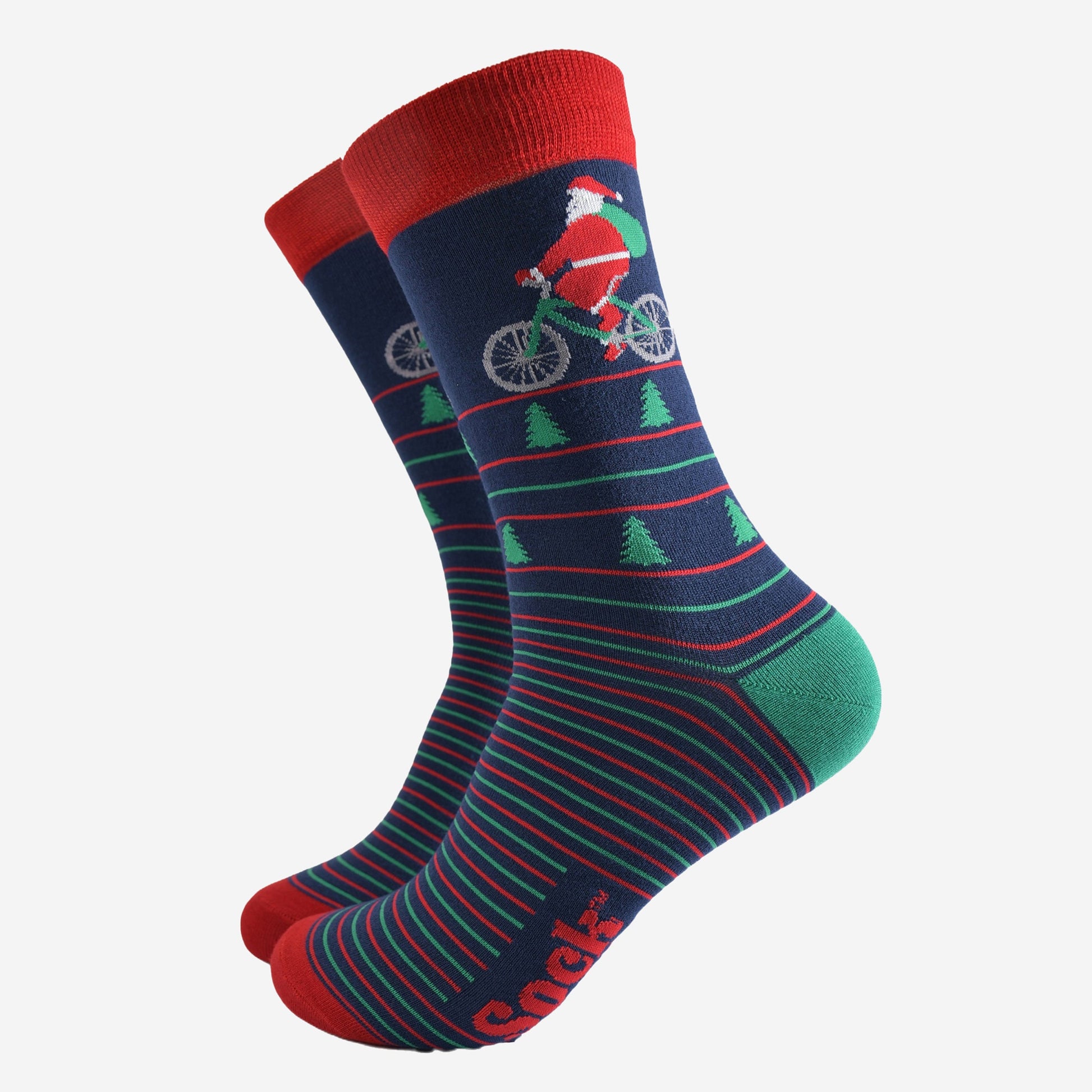navy blue, green and red striped dress socks showcasing santa claus cycling on the ankle of the sock