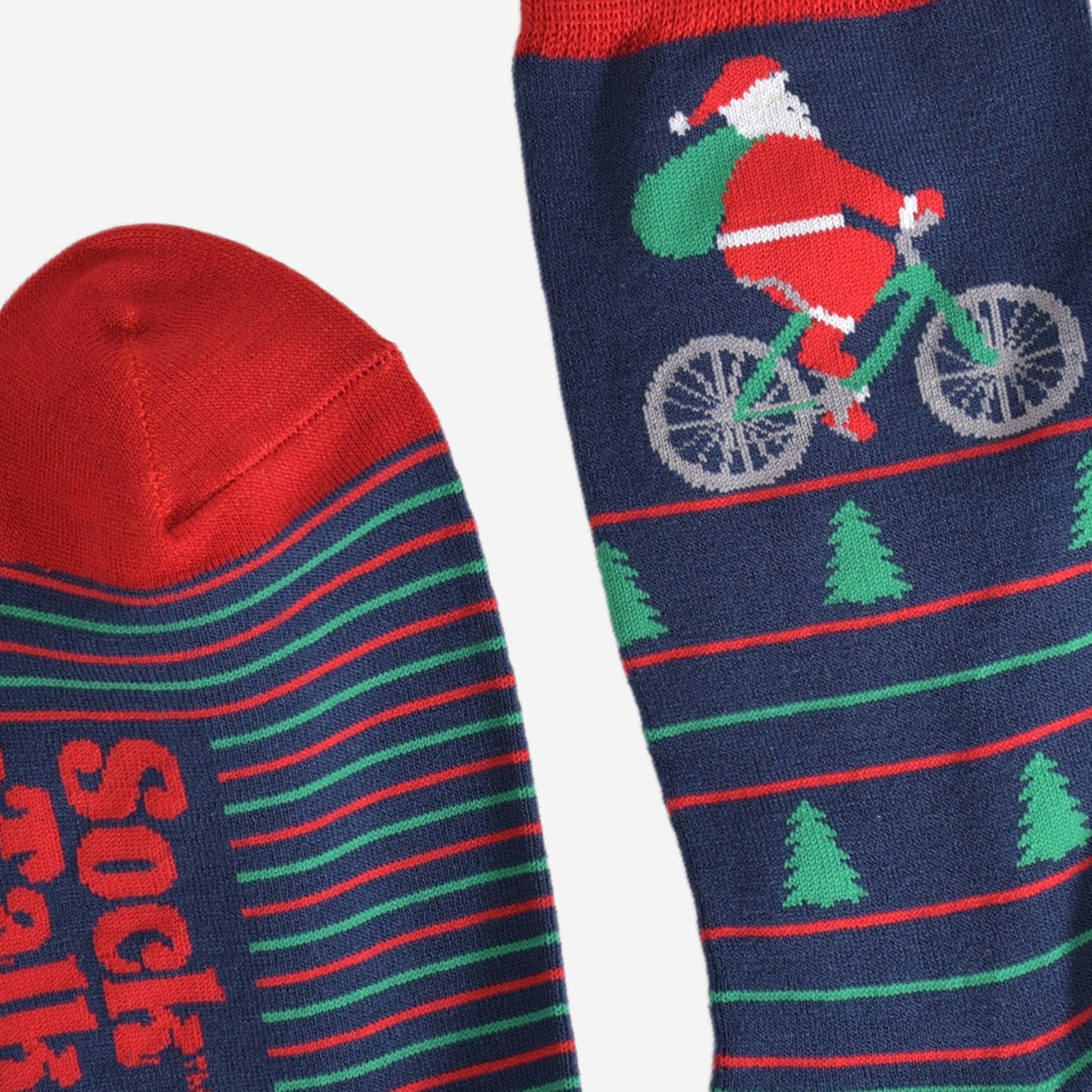 showing the cuff and toe of the socks, both are red and contrast the navy blue body of the socks