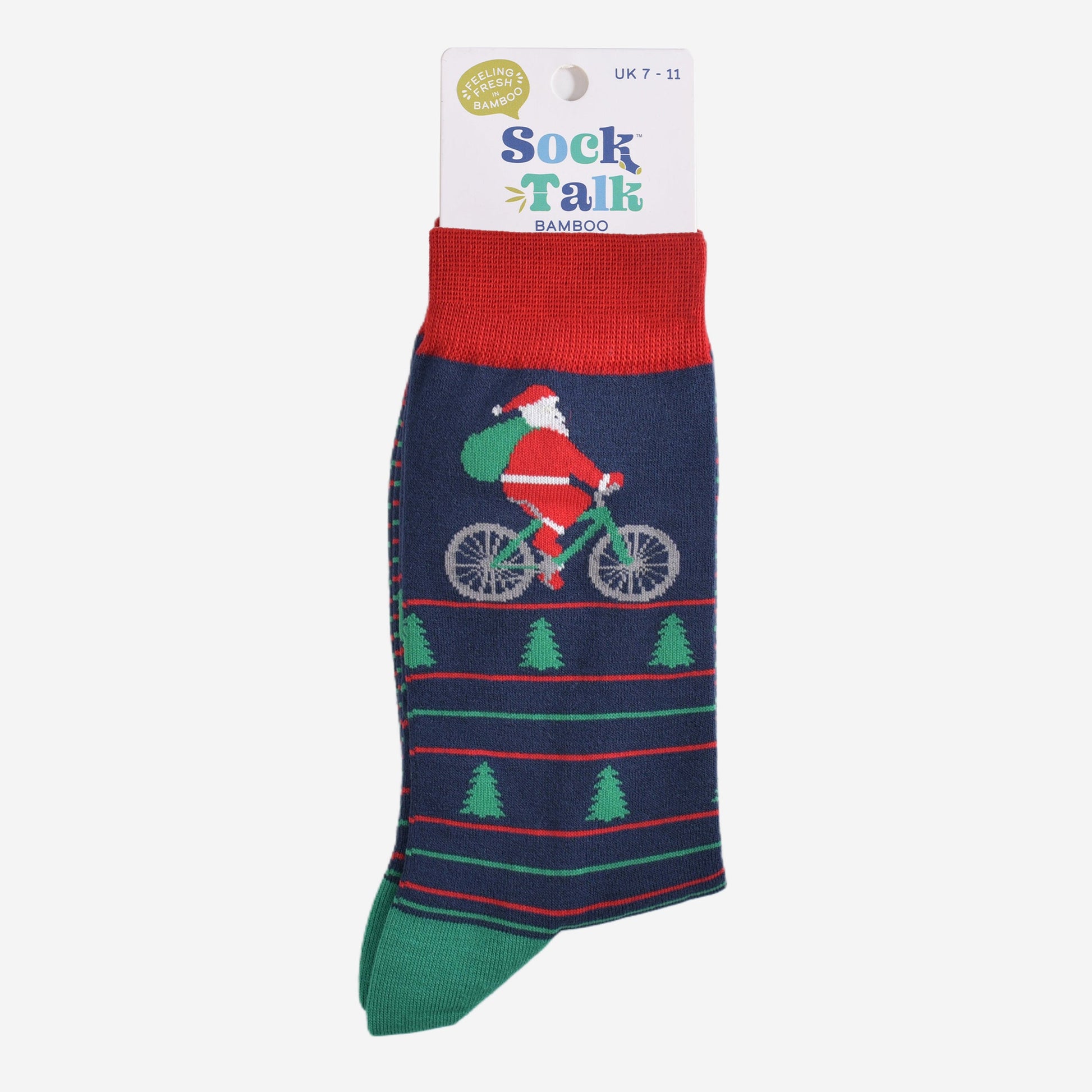 cycling santa claus bamboo socks in their sock talk packaging, these socks are a uk size 7-11