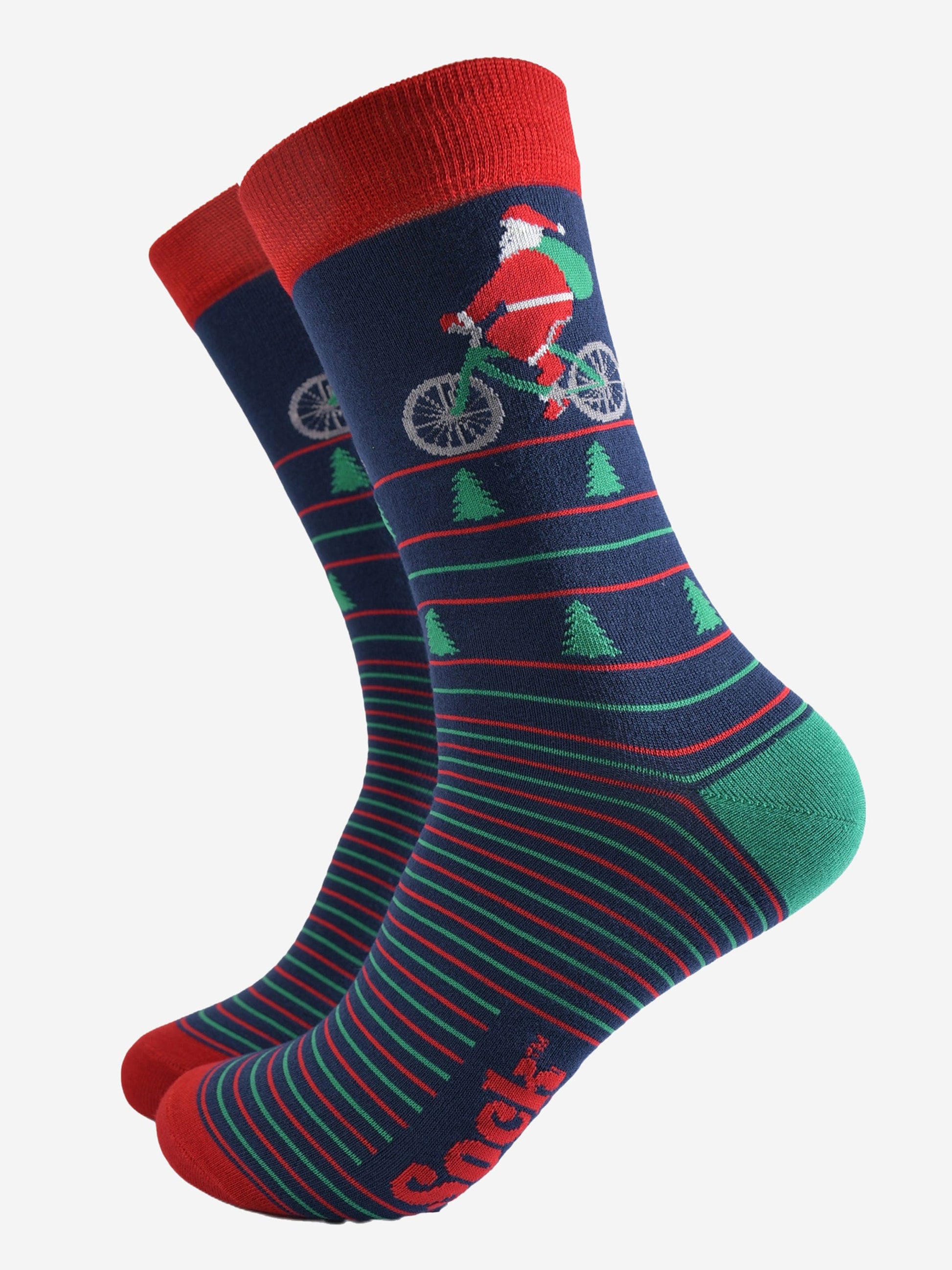 navy blue, green and red striped dress socks showcasing santa claus cycling on the ankle of the sock